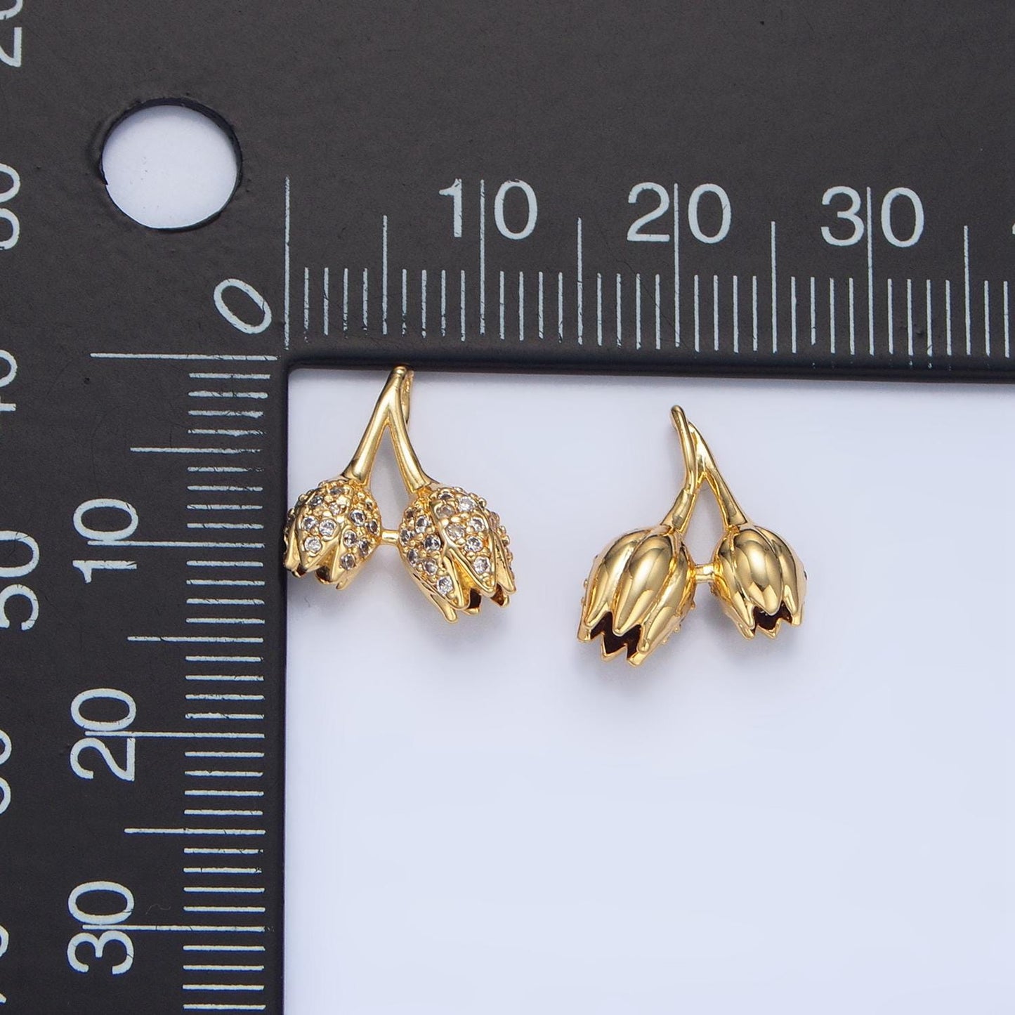 Mini Double Stem Tulip Micro Paved Clear CZ, 24K Gold Filled Floral Charm| AA-122
