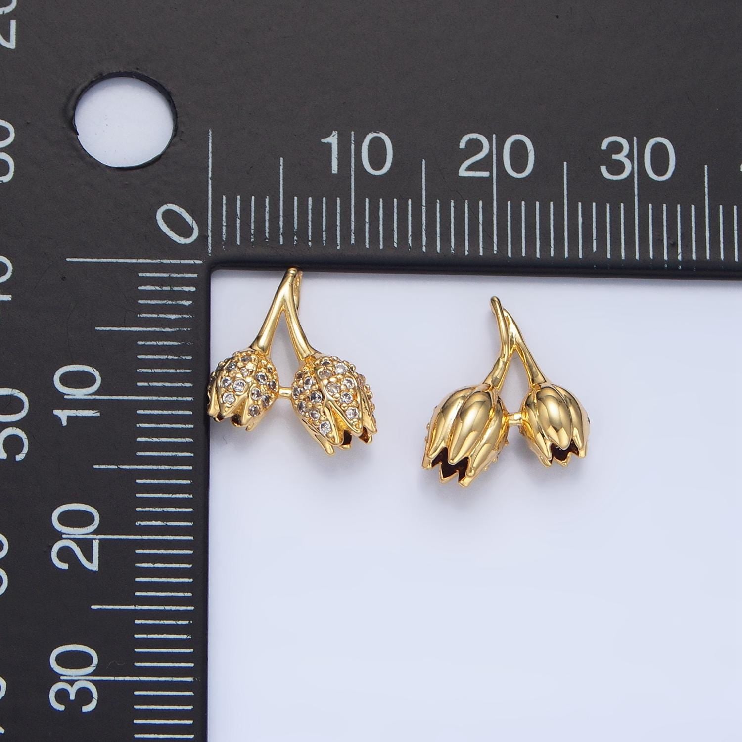 Mini Double Stem Tulip Micro Paved Clear CZ, 24K Gold Filled Floral Charm| AA-122