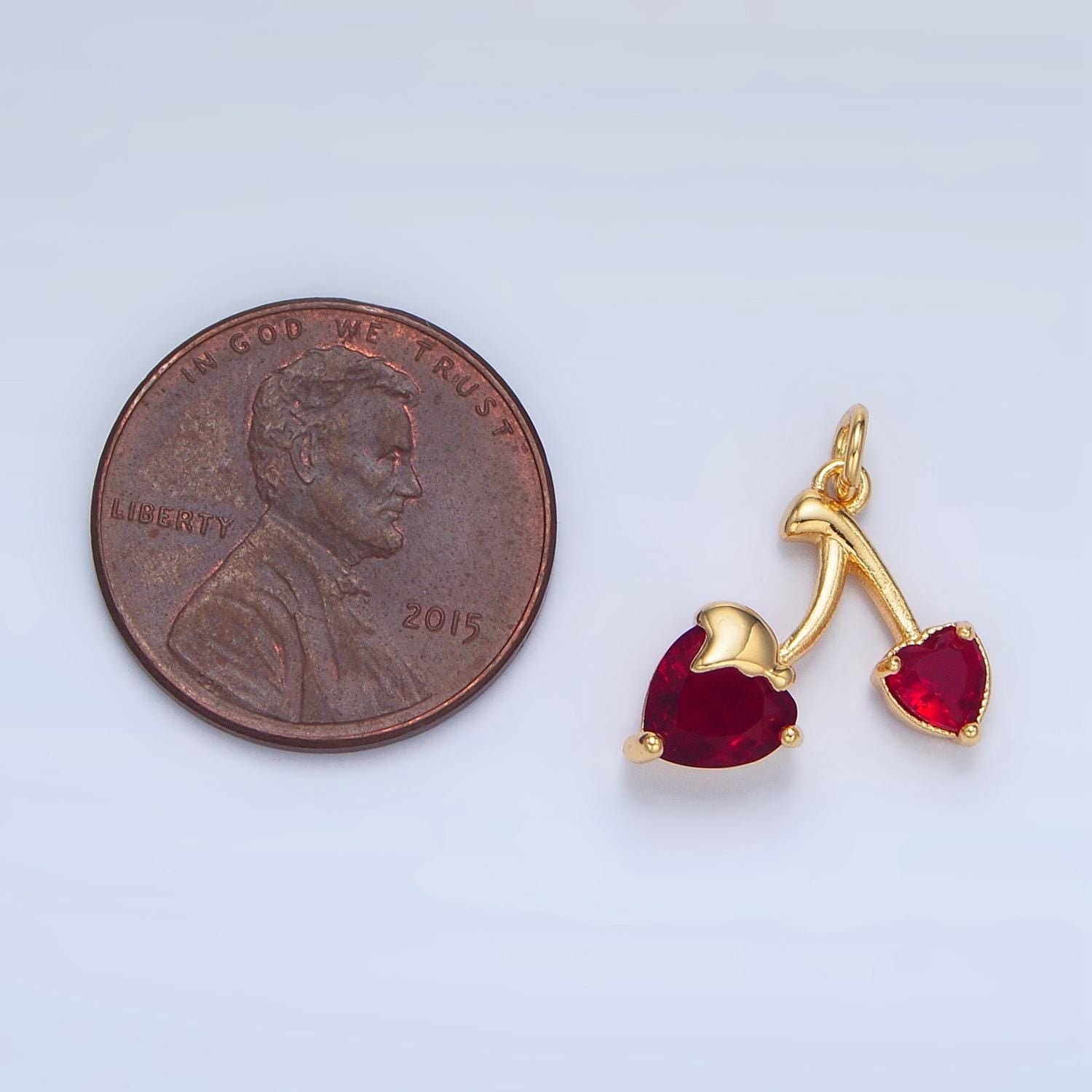 Dainty Cherry Charm Red, Pink, Clear CZ Heart Cherries, 24K Gold Filled Fruit Charm | X601-X602