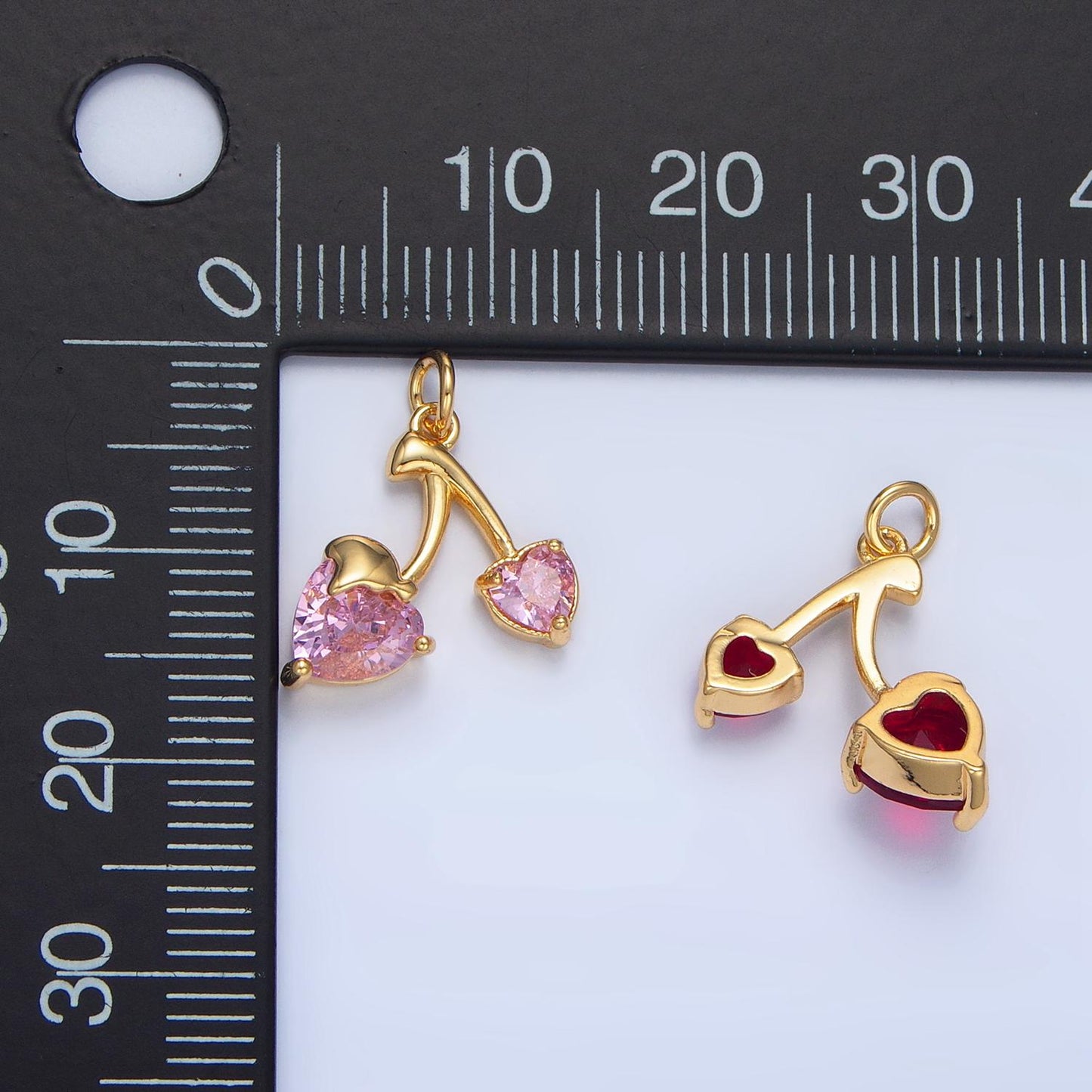 Dainty Cherry Charm Red, Pink, Clear CZ Heart Cherries, 24K Gold Filled Fruit Charm | X601-X602
