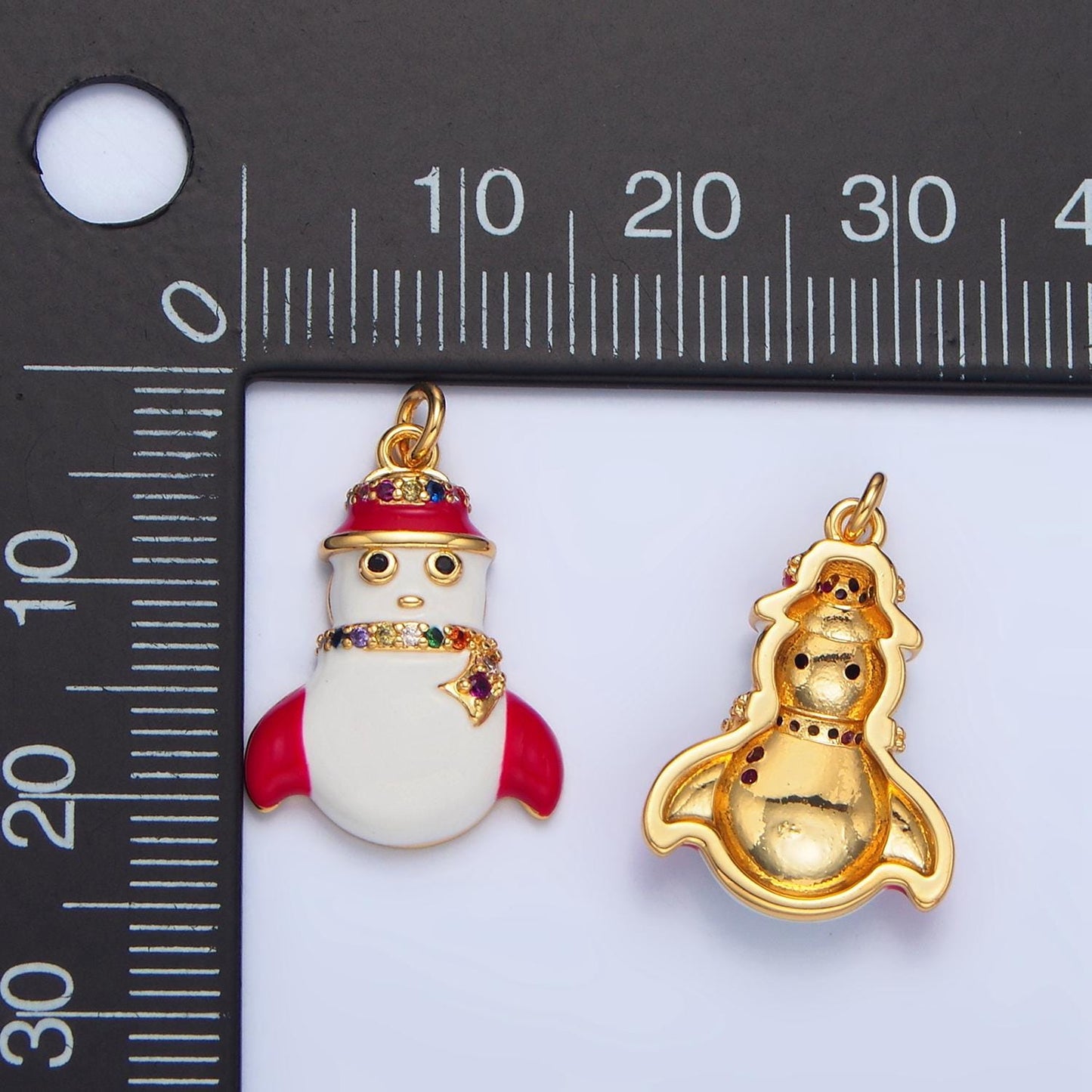 Christmas Snowman Colorful Micro Paved CZ, 24K Gold Filled Enamel Charm | X-611