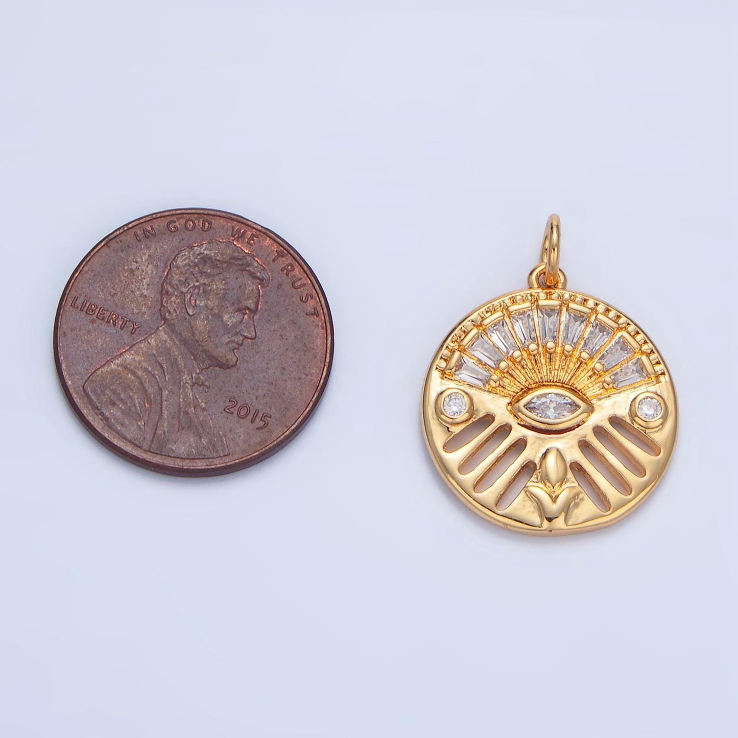 Clear CZ Textured Evil Eye 24k Gold Filled Round Circle Open Bar Charm | X-820