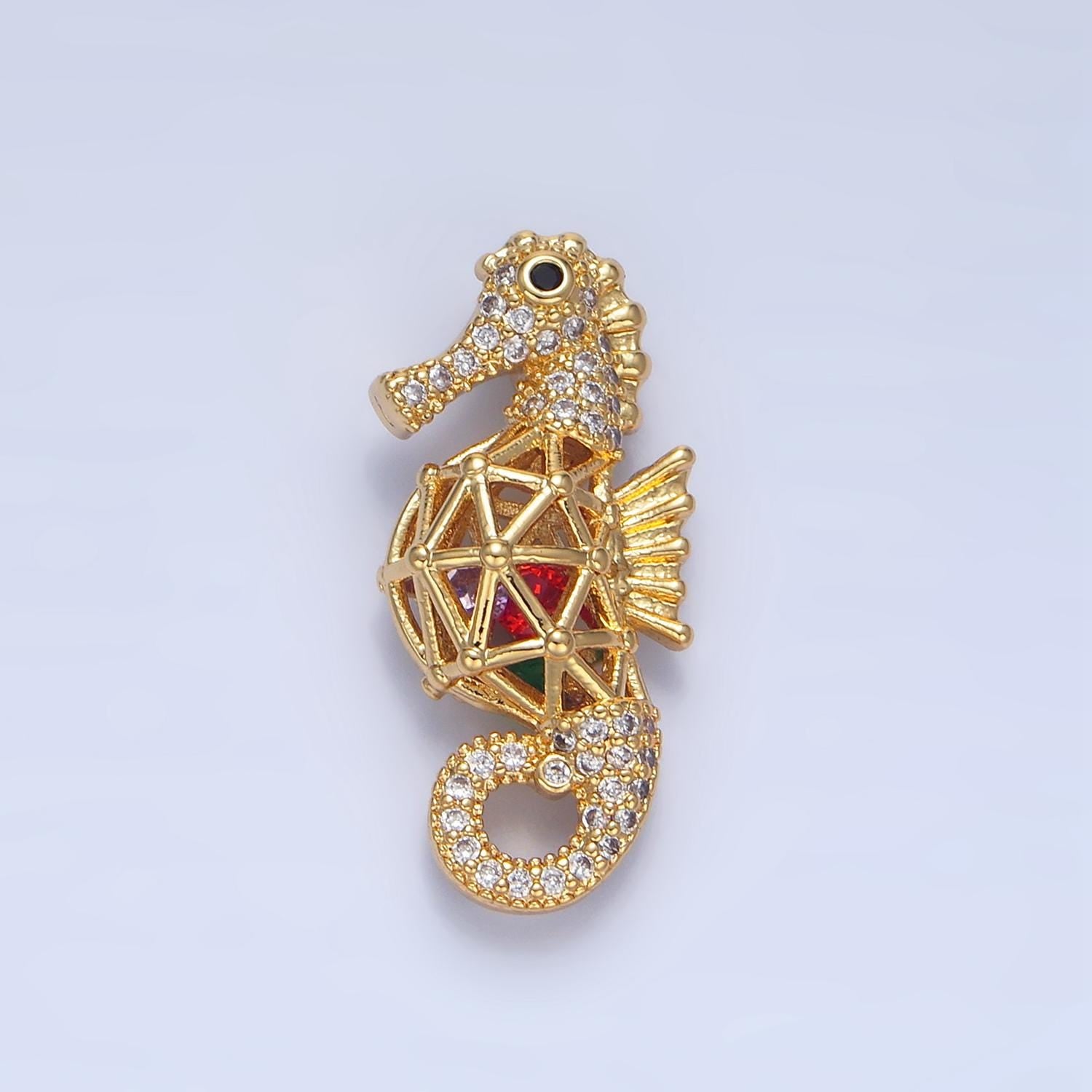 Micro Paved Cute Red CZ Sea Horse Sea Animal 24k Gold Filled Pendant | AA-952