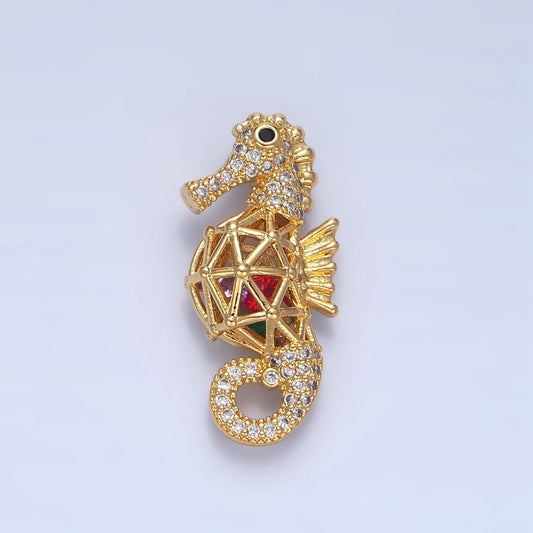 Micro Paved Cute Red CZ Sea Horse Sea Animal 24k Gold Filled Pendant | AA-952