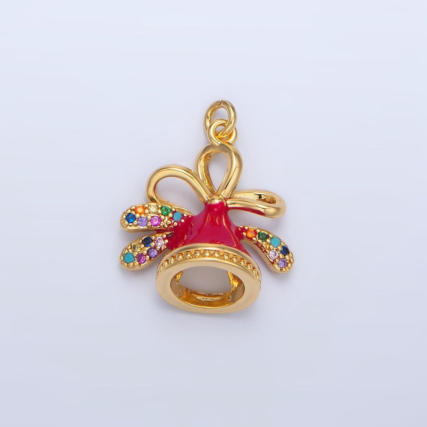 Christmas Festive Jingle Bell Multicolor CZ 24K Gold Filled Enamel Pendant | X-613