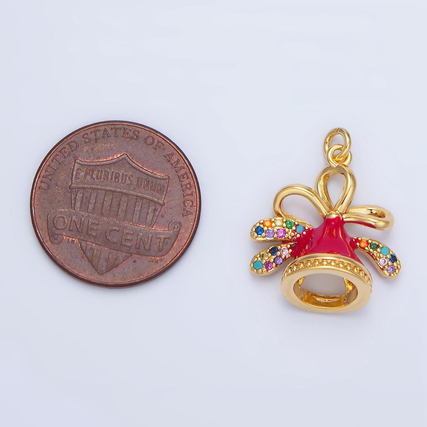 Christmas Festive Jingle Bell Multicolor CZ 24K Gold Filled Enamel Pendant | X-613