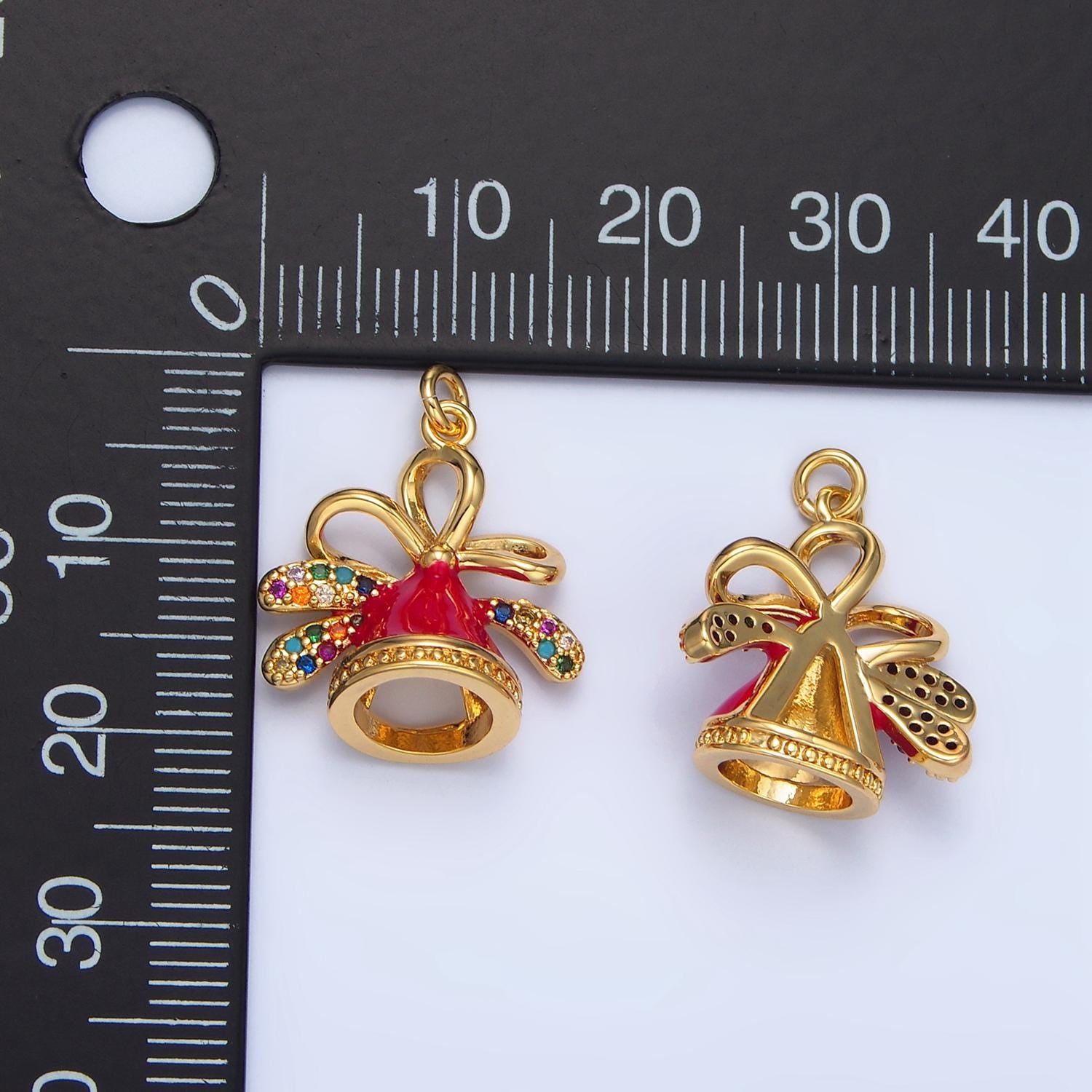 Christmas Festive Jingle Bell Multicolor CZ 24K Gold Filled Enamel Pendant | X-613