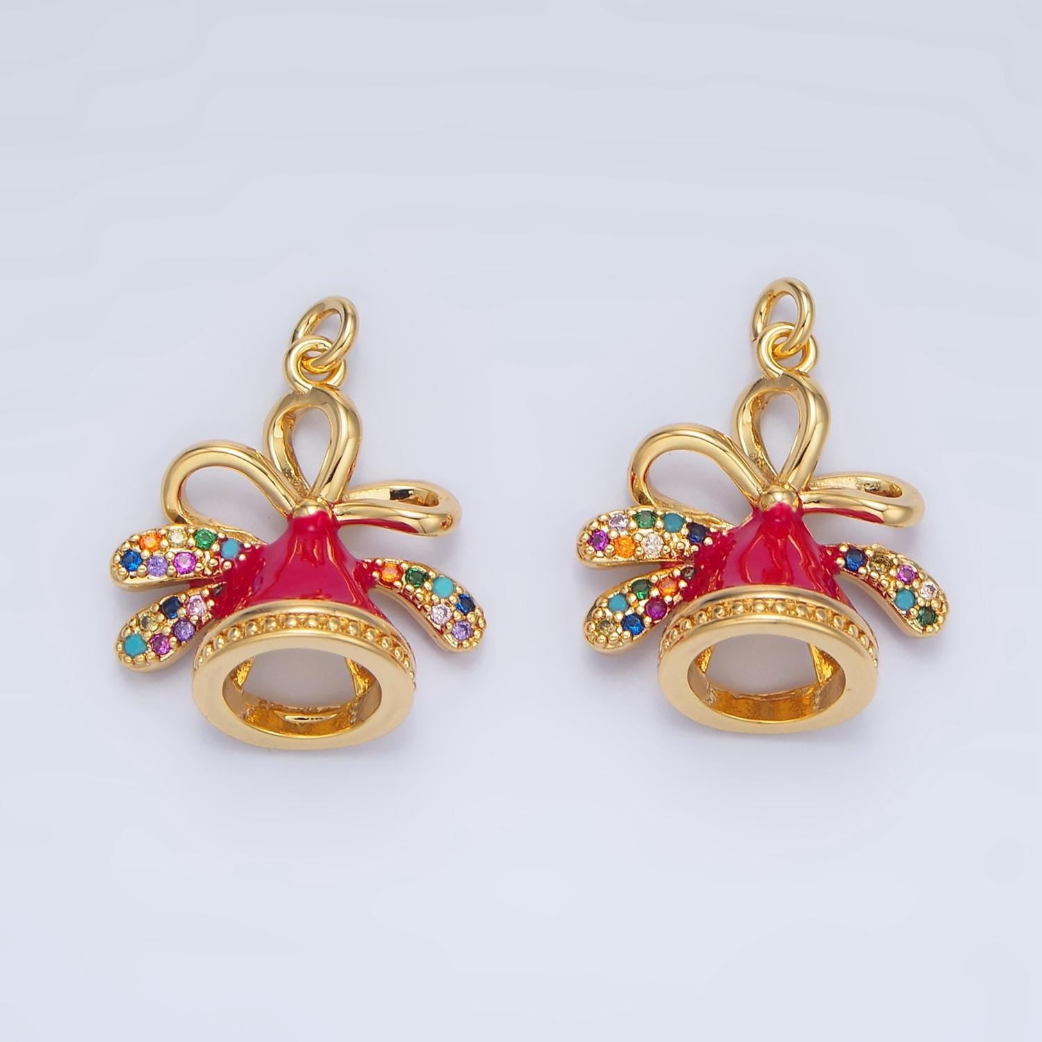 Christmas Festive Jingle Bell Multicolor CZ 24K Gold Filled Enamel Pendant | X-613