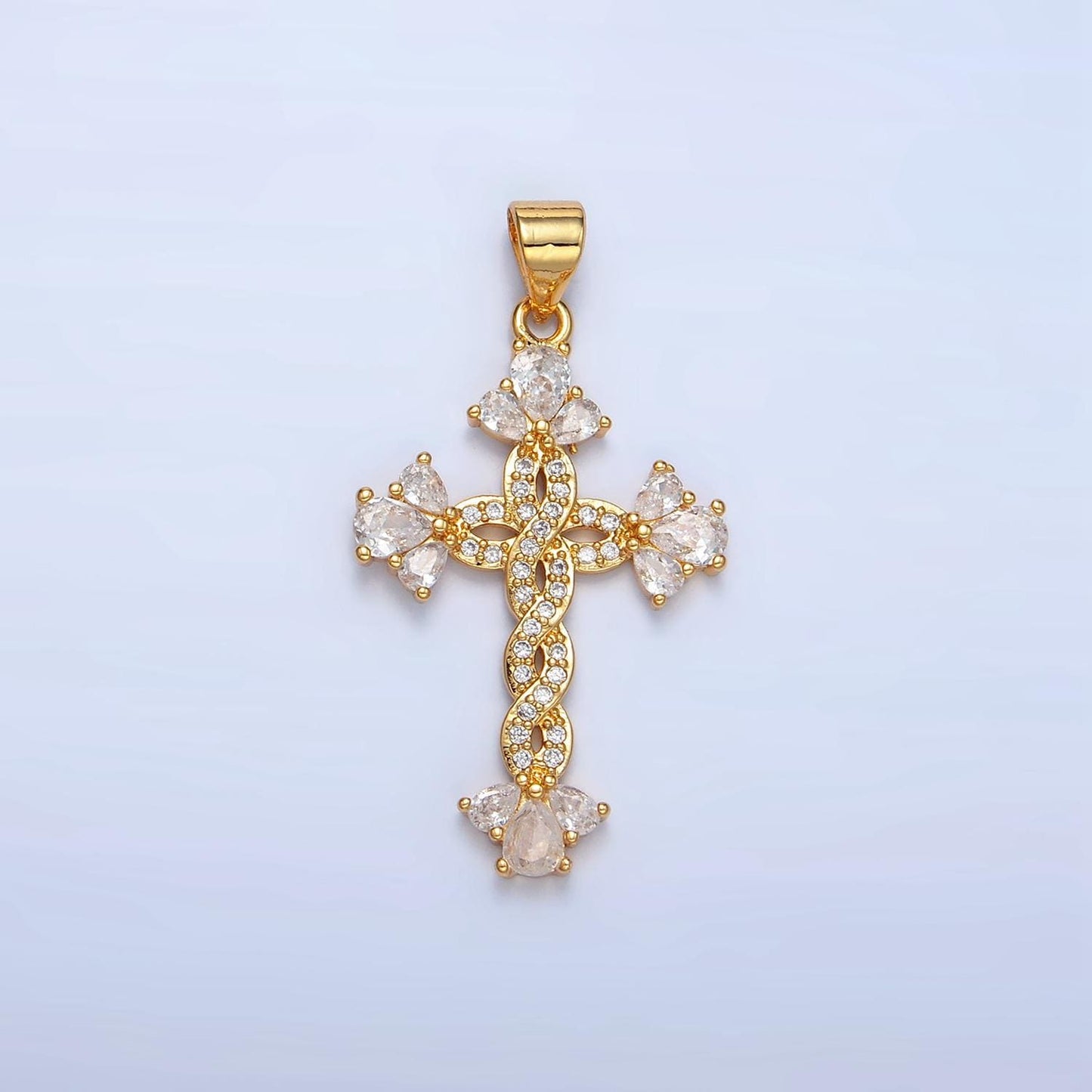 Braided CZ Gold Cross Pendant, 24K Gilled Marquise Braided Twist Micro Paved Clear CZ Cross Religious Charm AA966