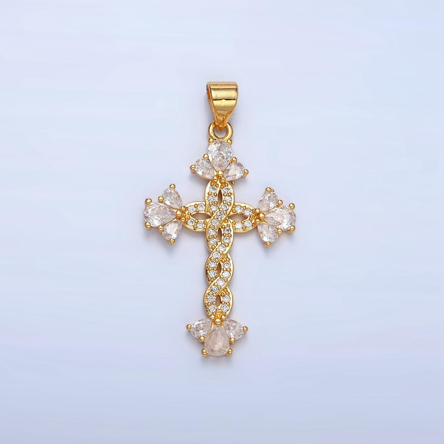 Braided CZ Gold Cross Pendant, 24K Gilled Marquise Braided Twist Micro Paved Clear CZ Cross Religious Charm AA966