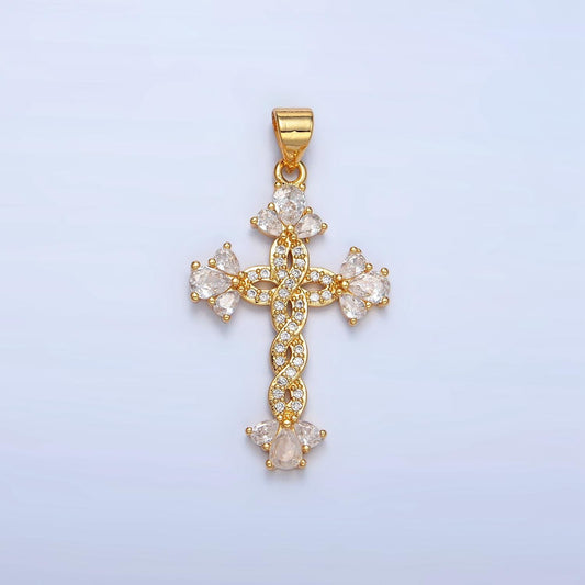 Braided CZ Gold Cross Pendant, 24K Gilled Marquise Braided Twist Micro Paved Clear CZ Cross Religious Charm AA966