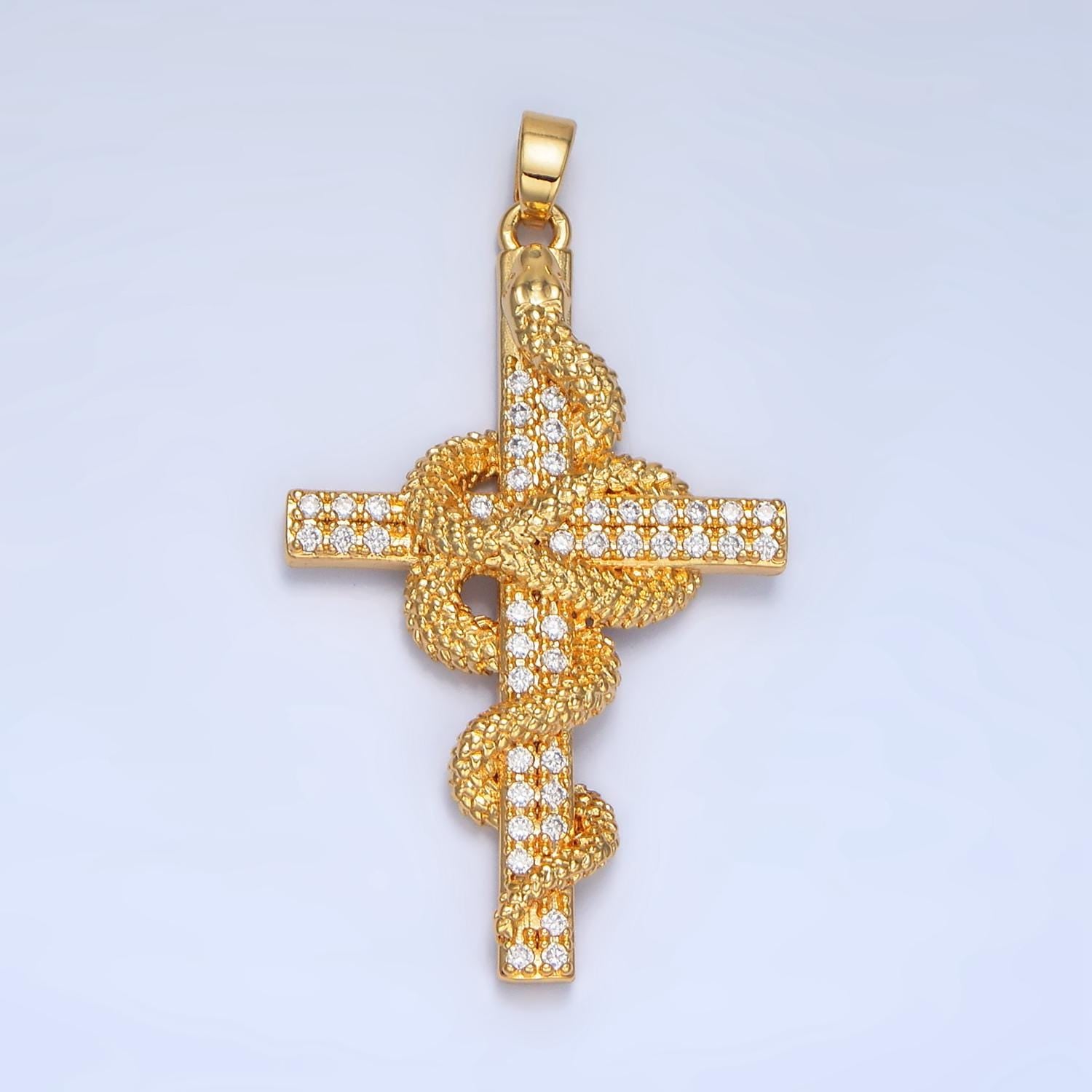 Textured Garter Snake Micro Paved CZ Cross 24K Gold Filled Pendant | AA-947