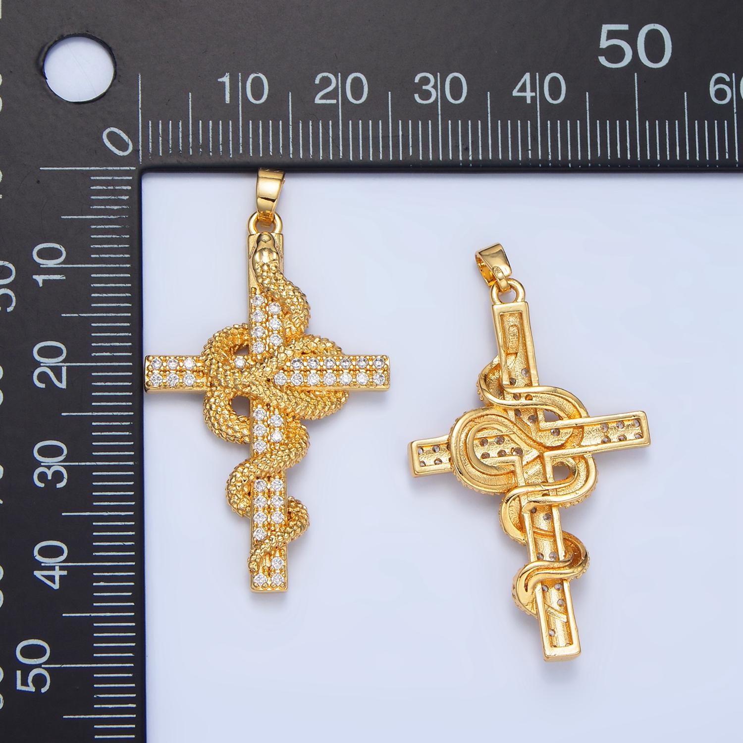 Textured Garter Snake Micro Paved CZ Cross 24K Gold Filled Pendant | AA-947