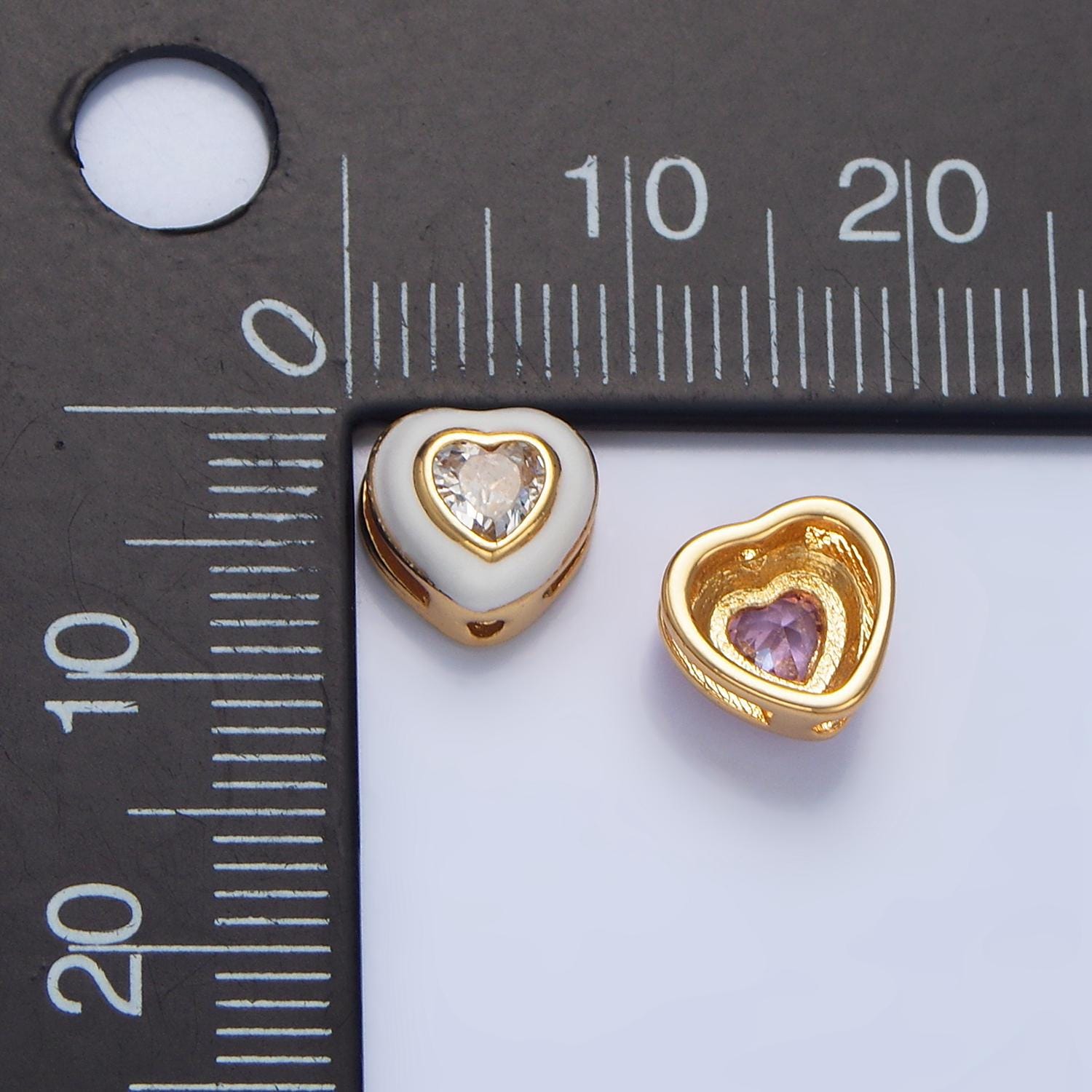 White & Pink Enamel CZ Heart 24K Gold Filled Heart Bead | B-574