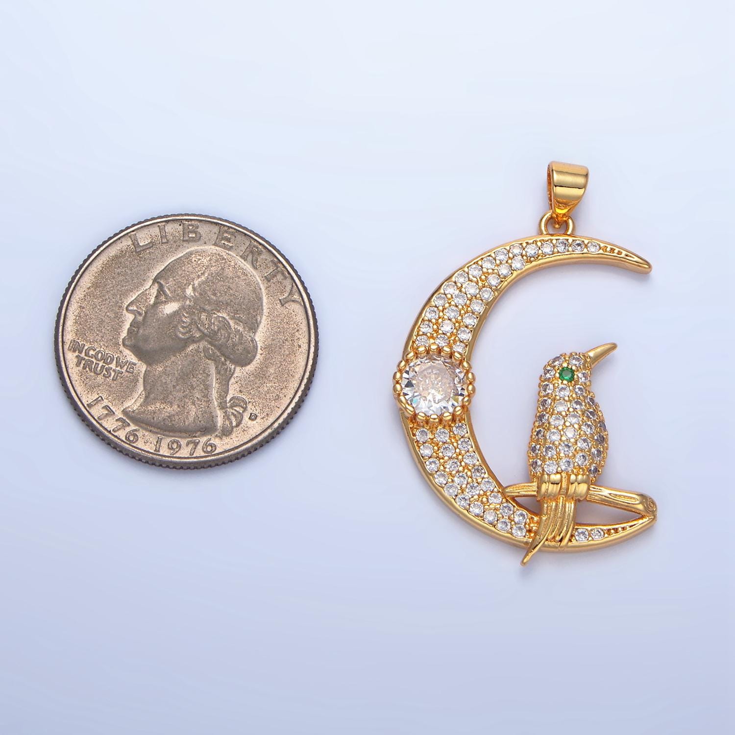 Micro Paved CZ Crescent Moon + Bird 24K Gold Filled Celestial Pendant | AA-786