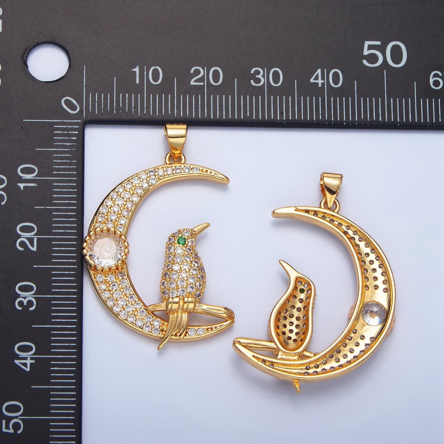Micro Paved CZ Crescent Moon + Bird 24K Gold Filled Celestial Pendant | AA-786