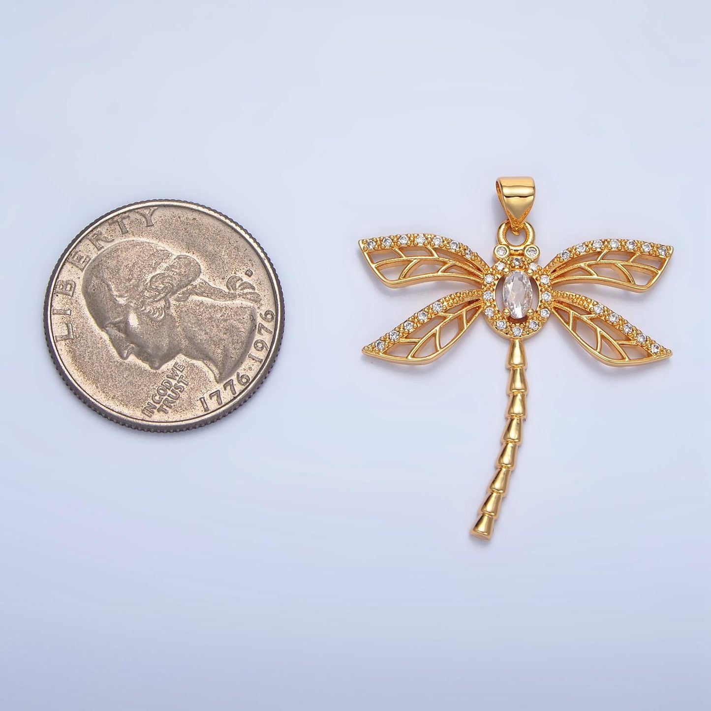Open Wing Micro Paved CZ Dragonfly Gold Filled Insect Pendant | AA-140
