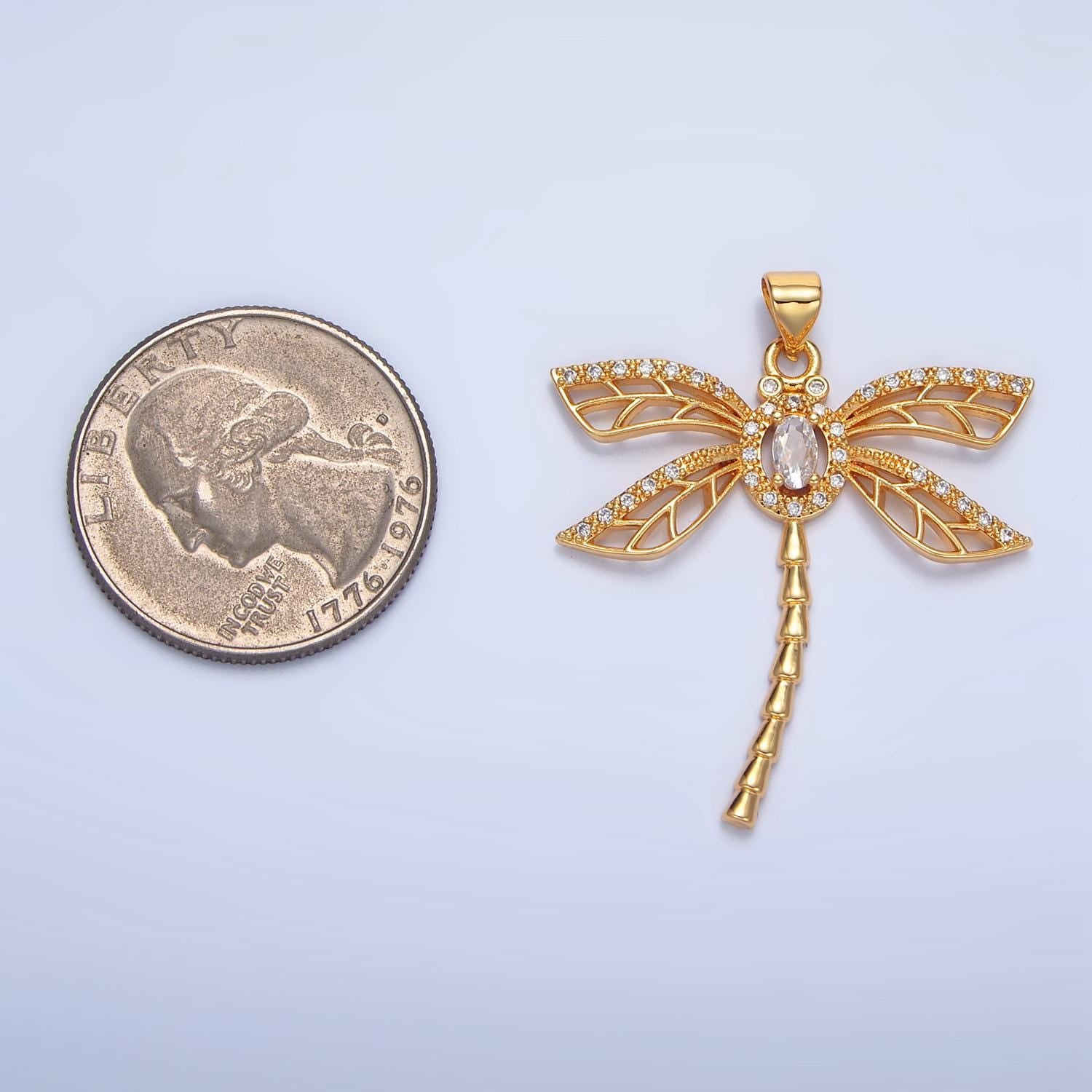 Open Wing Micro Paved CZ Dragonfly Gold Filled Insect Pendant | AA-140