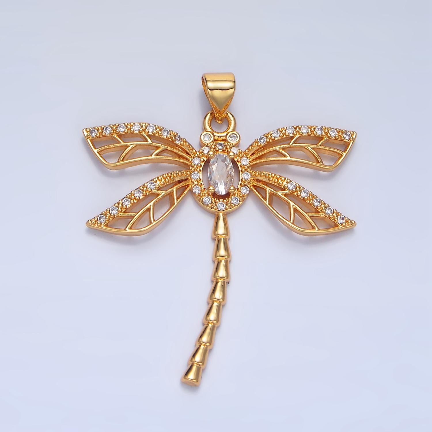 Open Wing Micro Paved CZ Dragonfly Gold Filled Insect Pendant | AA-140