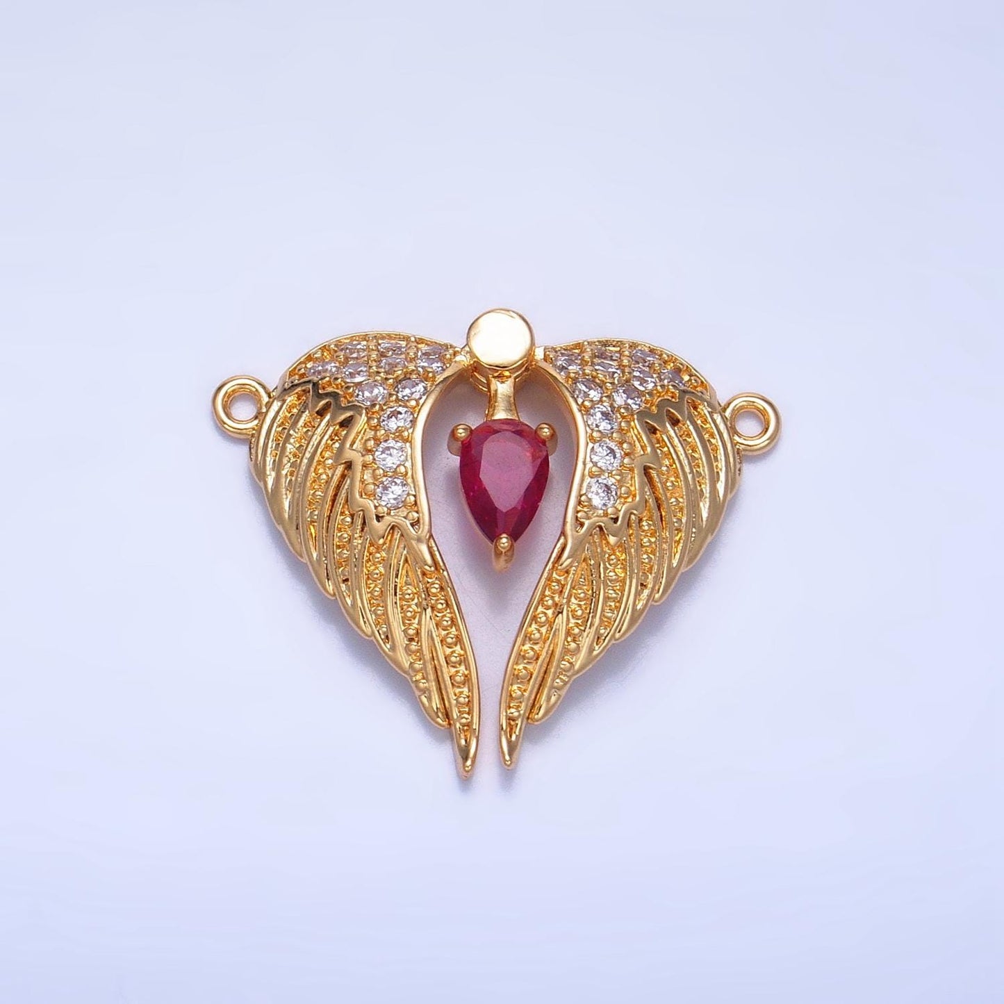 Pink Tear Drop CZ Micro Paved Angel Wings 24K Gold Filled Moveable Charm Connector | F-712
