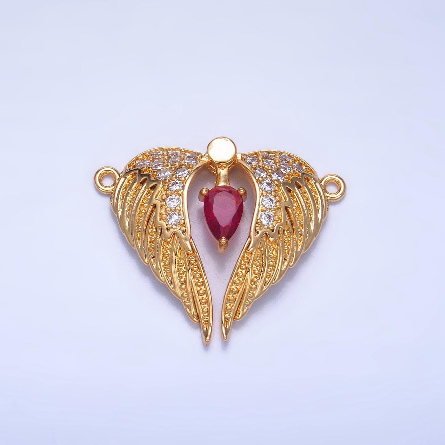 Pink Tear Drop CZ Micro Paved Angel Wings 24K Gold Filled Moveable Charm Connector | F-712