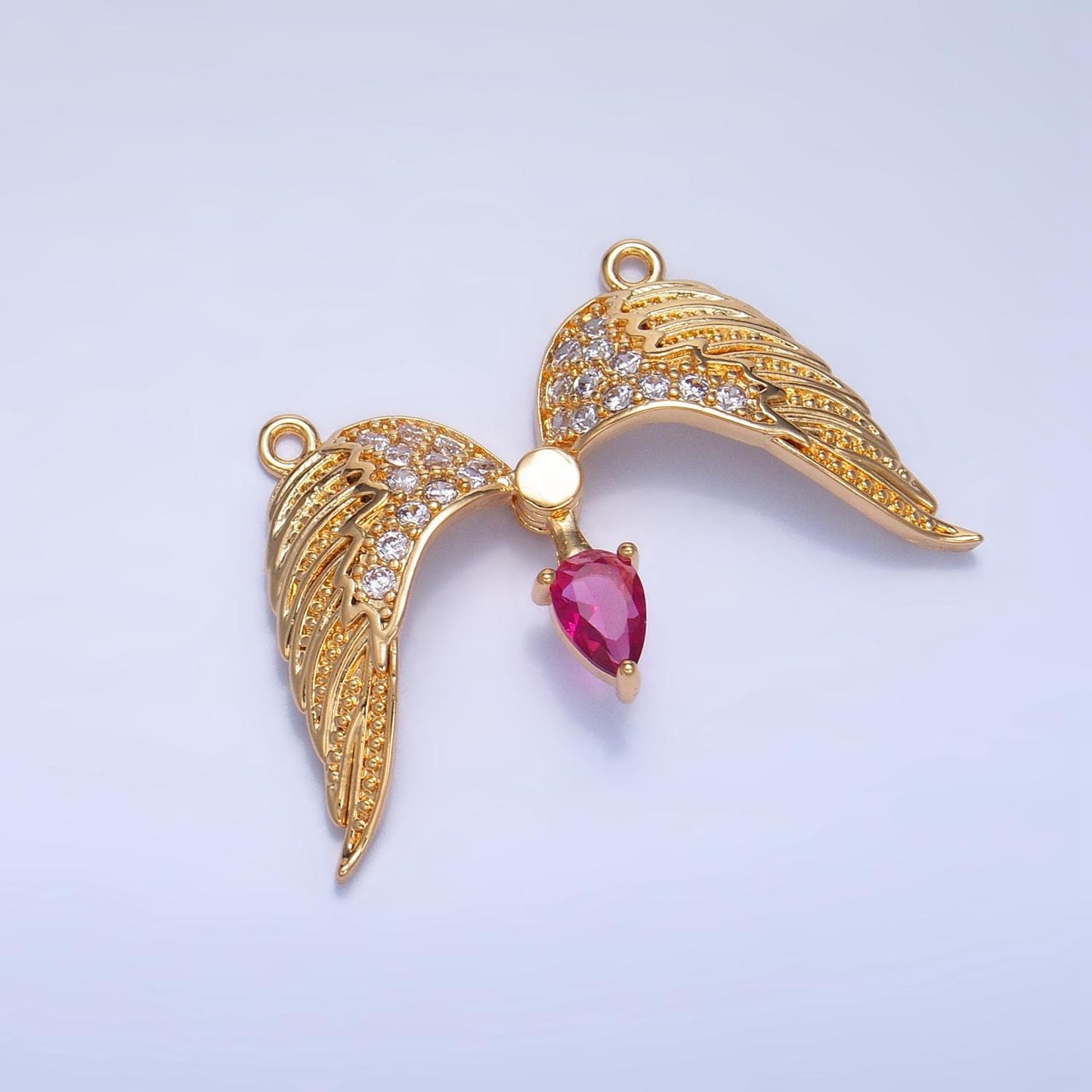 Pink Tear Drop CZ Micro Paved Angel Wings 24K Gold Filled Moveable Charm Connector | F-712