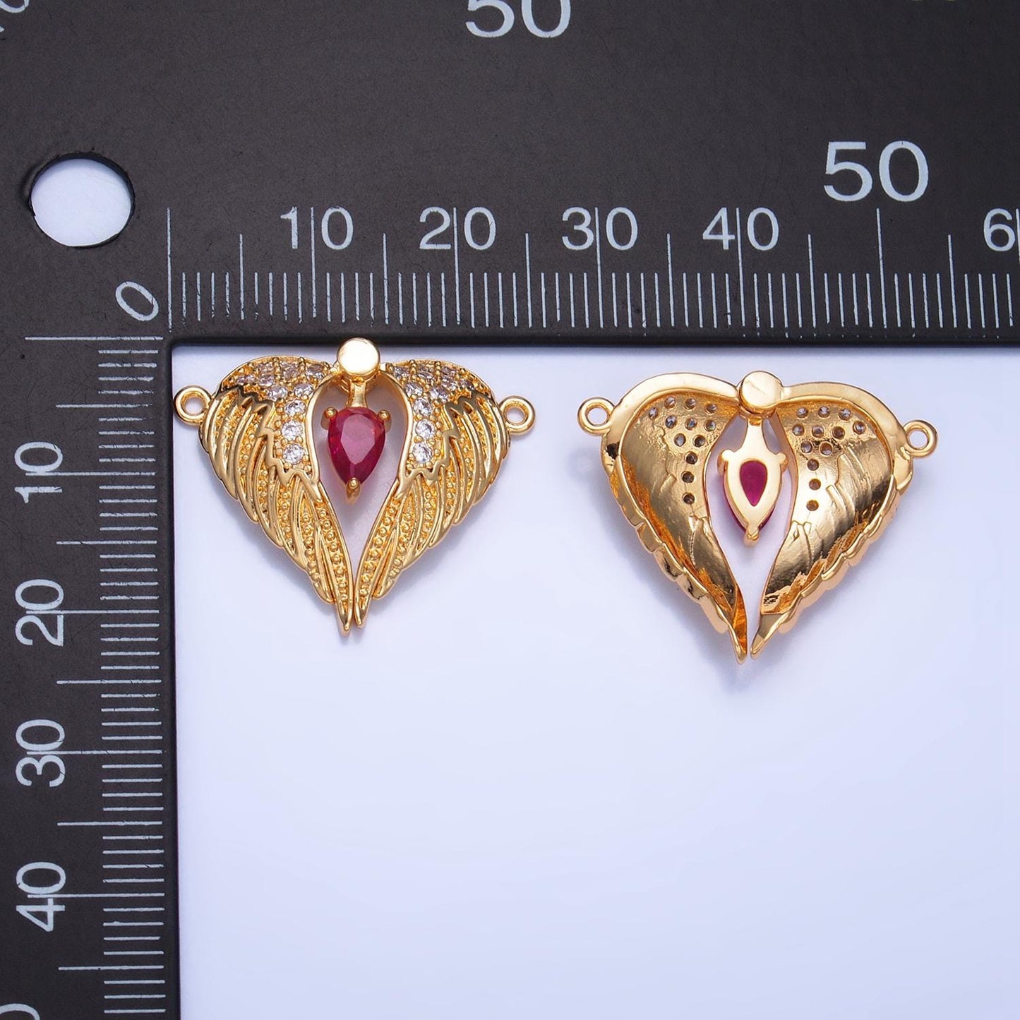 Pink Tear Drop CZ Micro Paved Angel Wings 24K Gold Filled Moveable Charm Connector | F-712