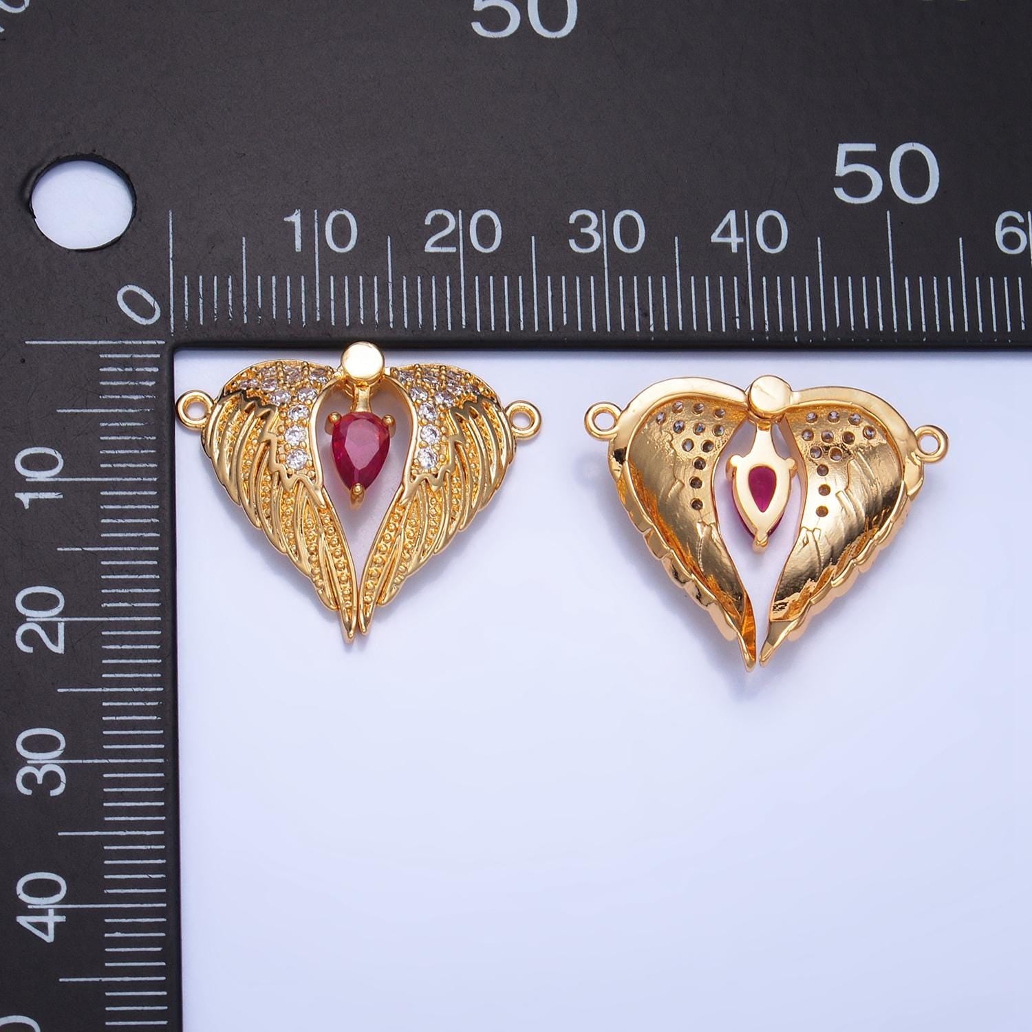 Pink Tear Drop CZ Micro Paved Angel Wings 24K Gold Filled Moveable Charm Connector | F-712