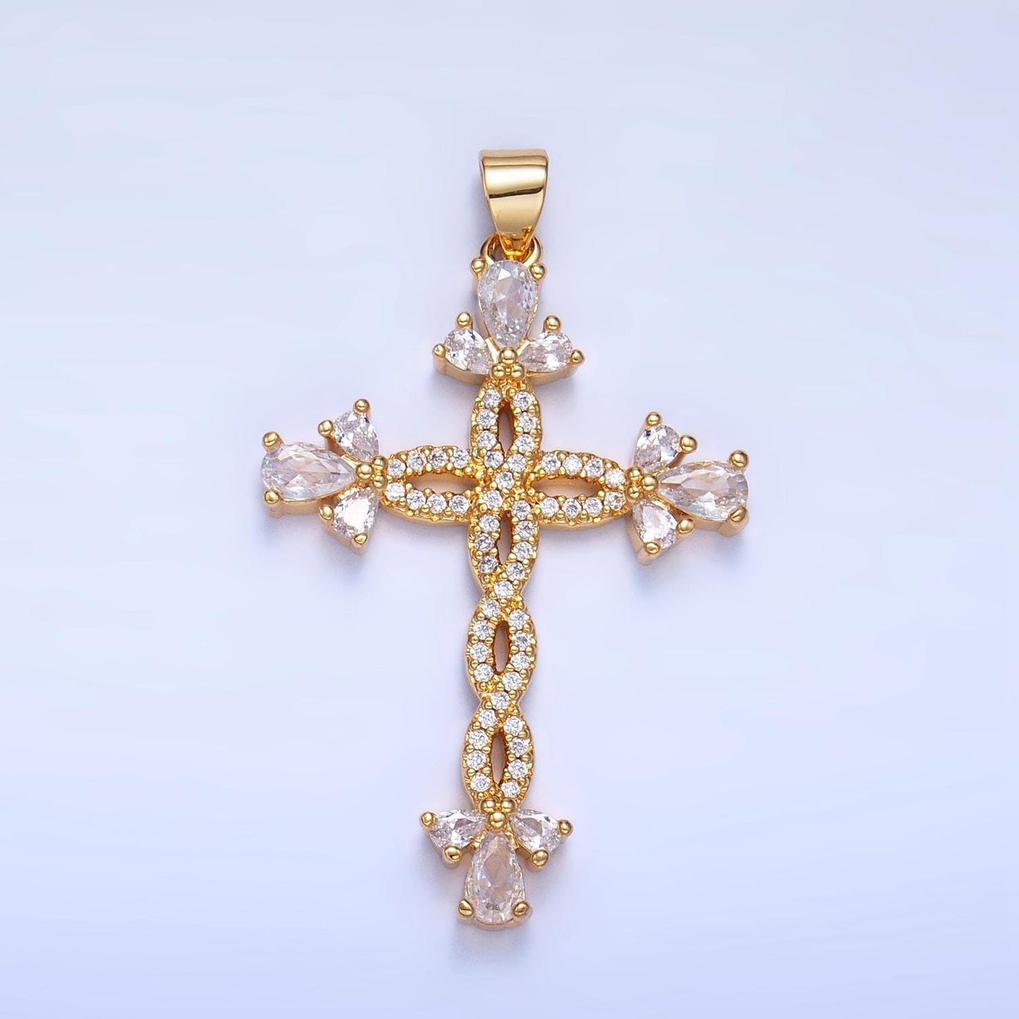 Long Braided CZ Gold Cross Pendant, 24K Gilled Marquise Braided Twist Micro Paved Clear CZ Cross Religious Charm AA984