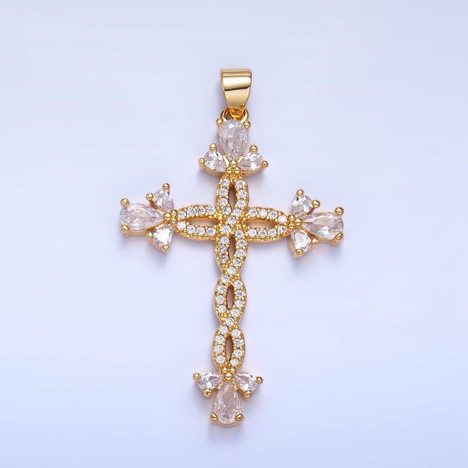 Long Braided CZ Gold Cross Pendant, 24K Gilled Marquise Braided Twist Micro Paved Clear CZ Cross Religious Charm AA984