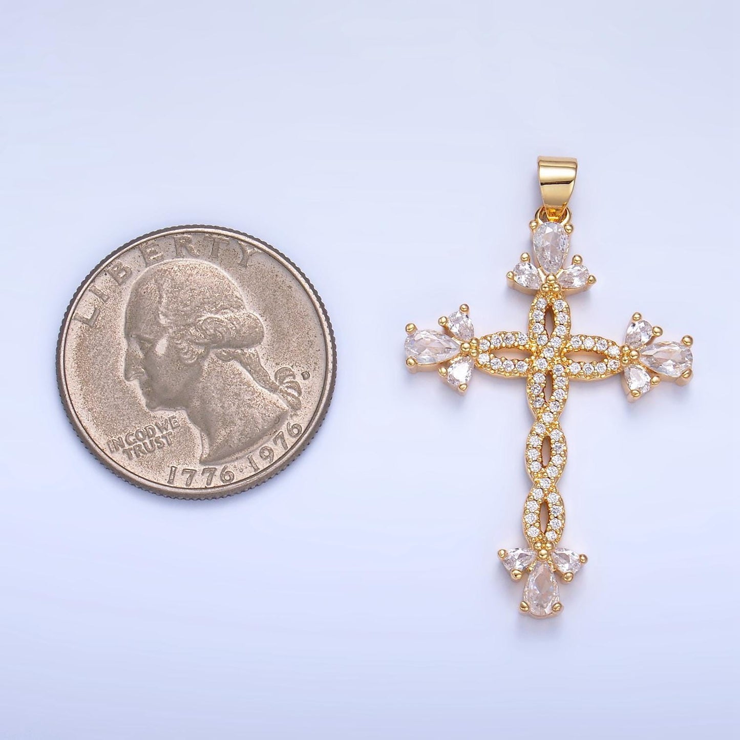 Long Braided CZ Gold Cross Pendant, 24K Gilled Marquise Braided Twist Micro Paved Clear CZ Cross Religious Charm AA984