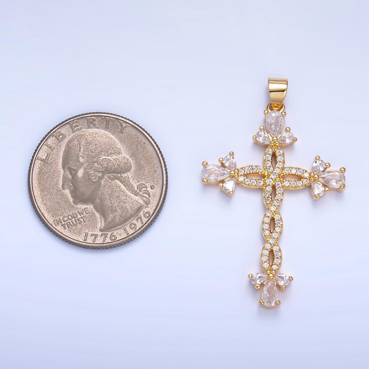 Long Braided CZ Gold Cross Pendant, 24K Gilled Marquise Braided Twist Micro Paved Clear CZ Cross Religious Charm AA984