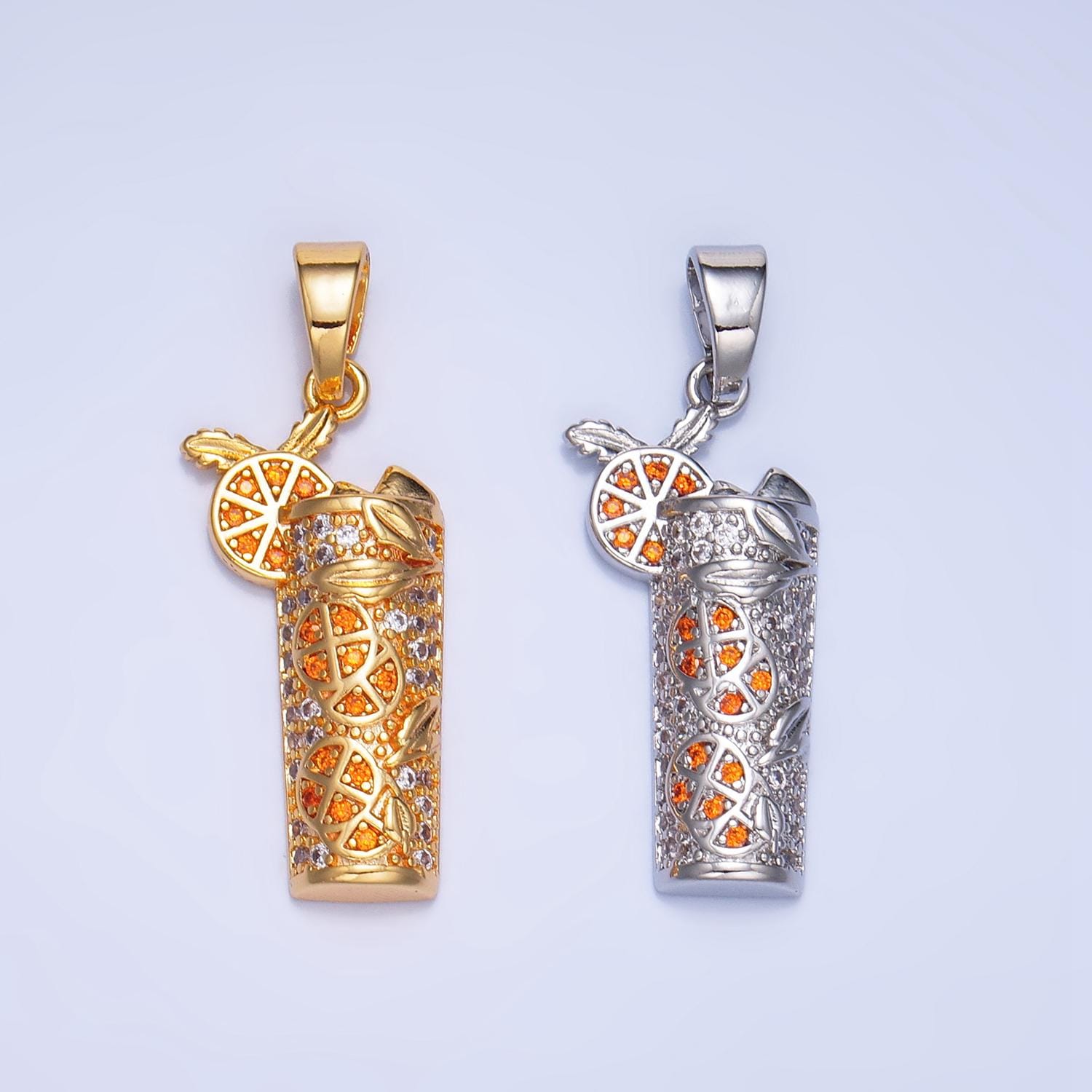 Dainty Gold Orange Juice Charm with Cz Cubic Foodies Drink Glass Micro Pave Pendant Silver Lemon Tea Pendant Drink Charm AA991