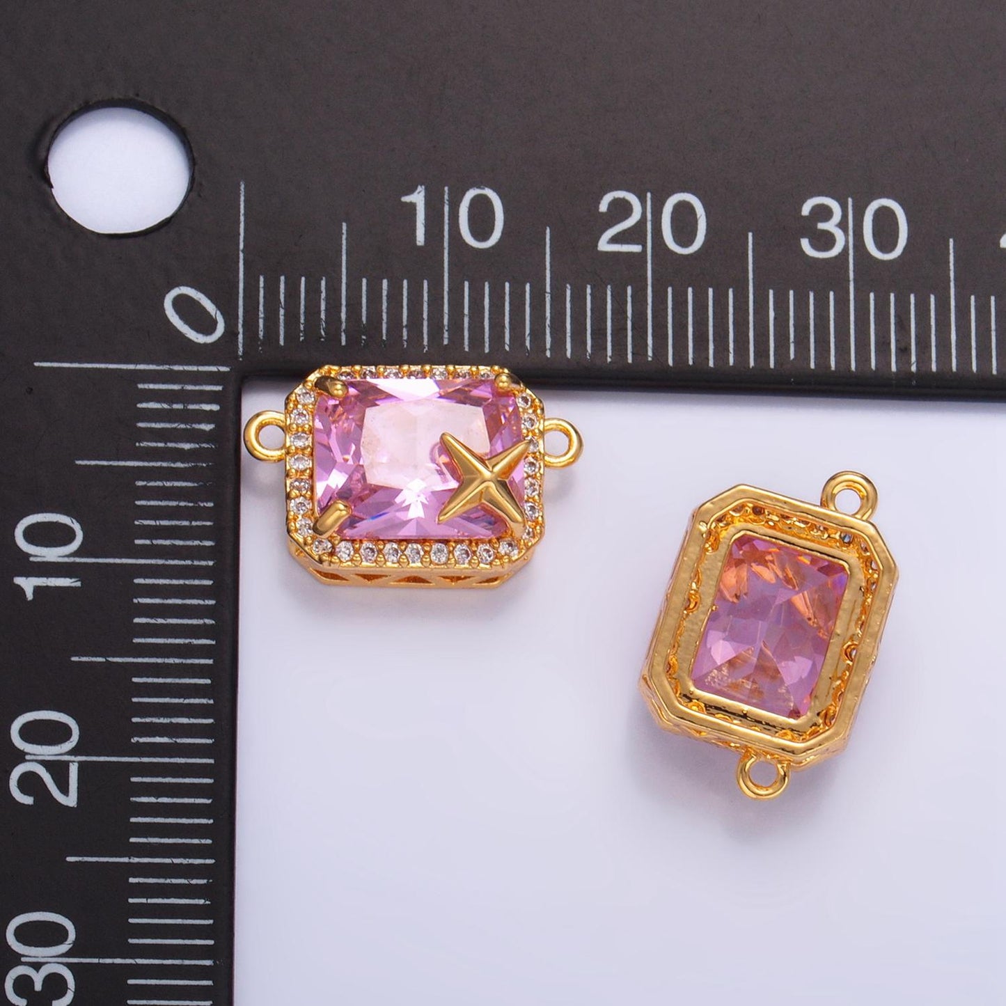 CZ Micro Paved Pink Baguette Celestial Star 24K Gold Filled Charm Connector | F-732
