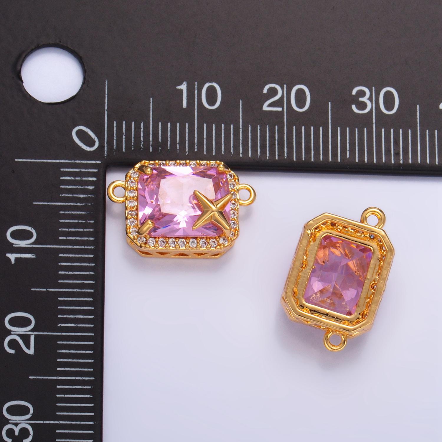 CZ Micro Paved Pink Baguette Celestial Star 24K Gold Filled Charm Connector | F-732