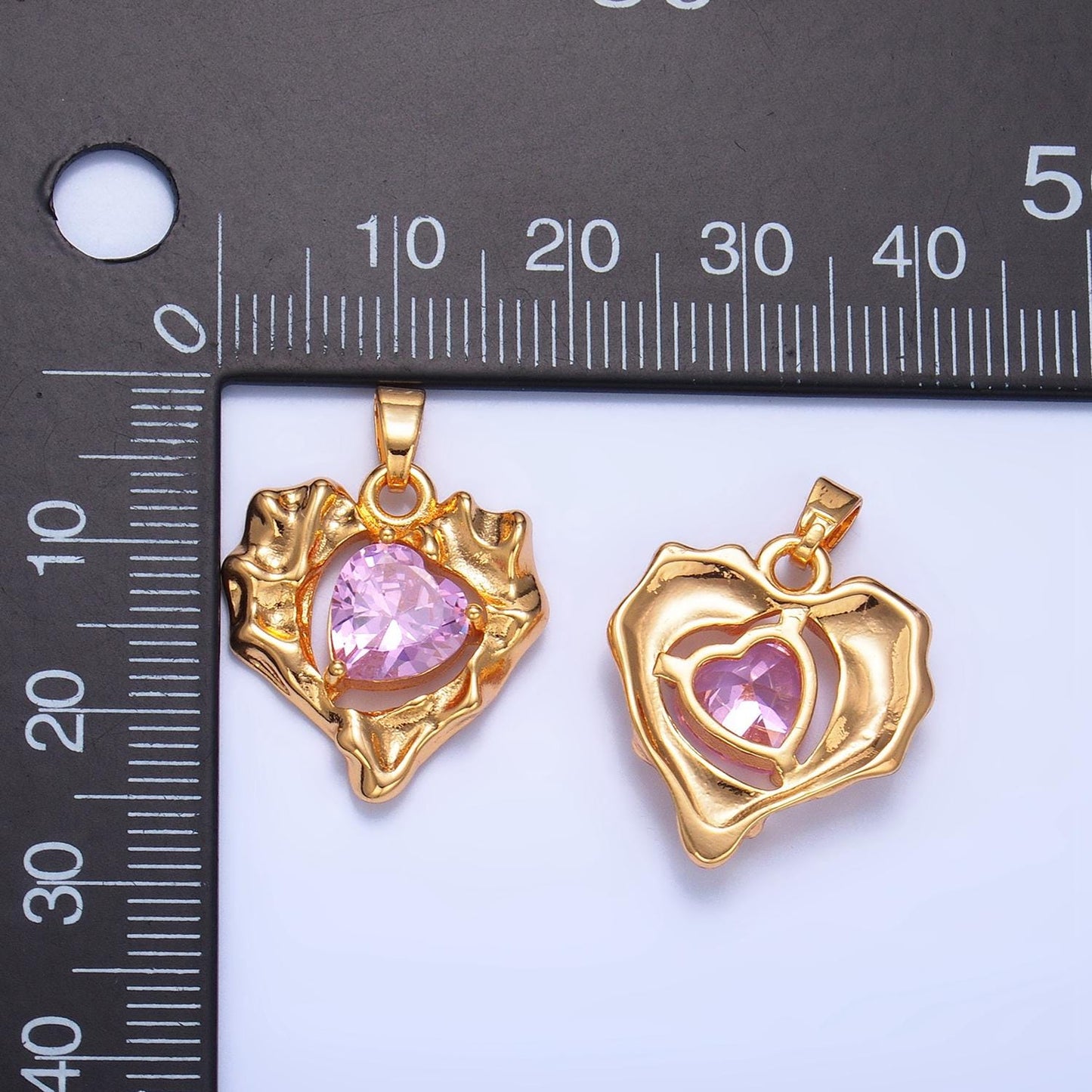 Rustic Heart Charm 24k Gold Filled Pink Cubic Heart Charm Valentine Heart Charms Love Jewelry Pendants Necklace Bracelet Charms AA1024