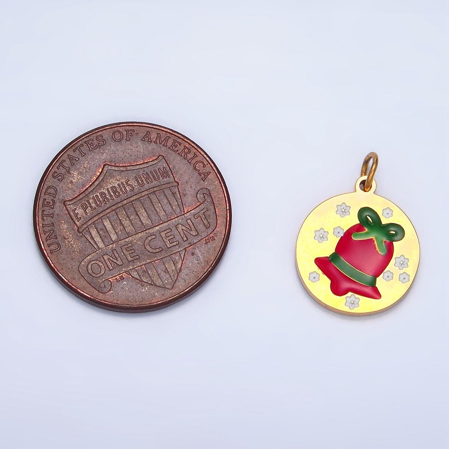 Enamel Jingle Bell Festive Christmas Holiday Round Stainless Steel Charm | P-1303