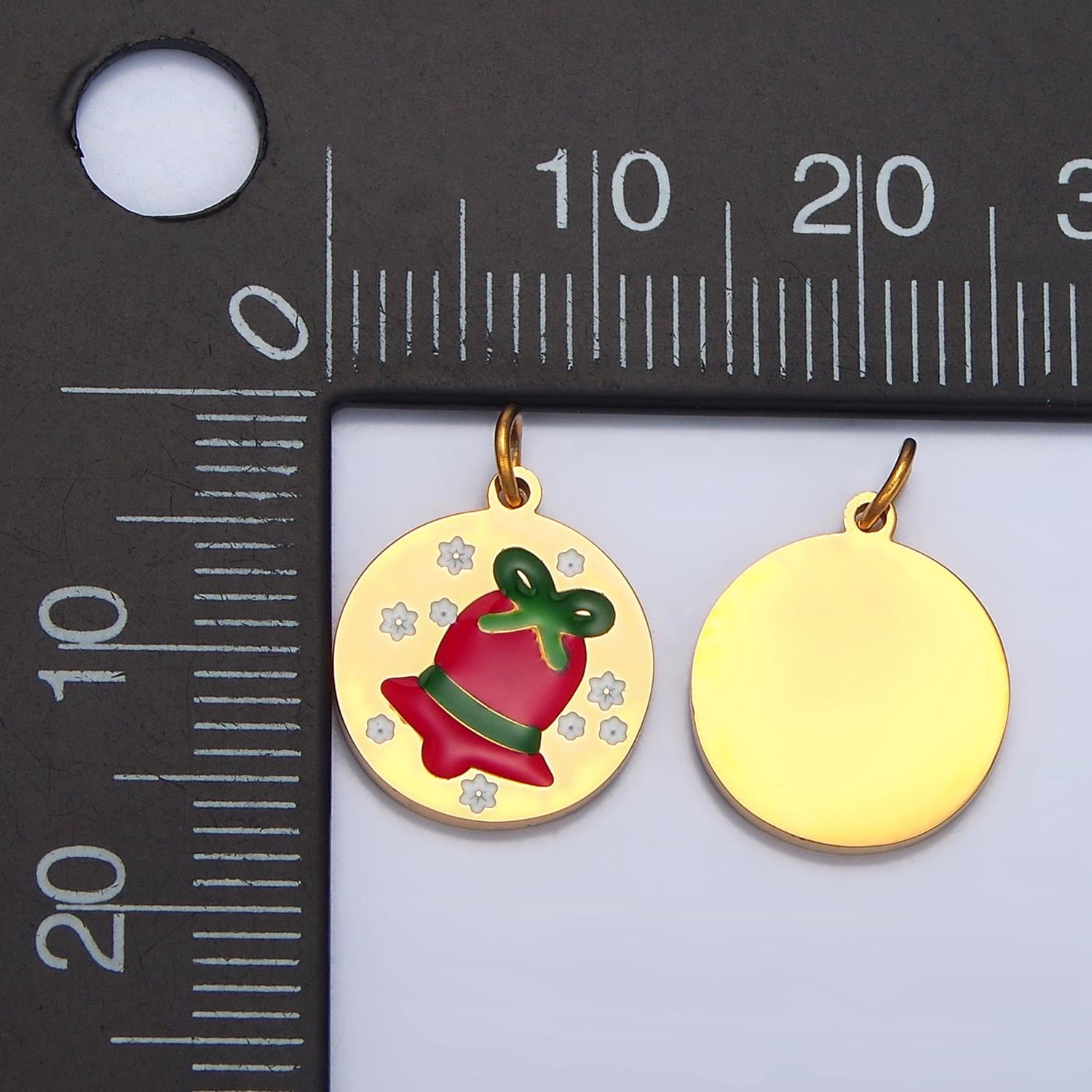 Enamel Jingle Bell Festive Christmas Holiday Round Stainless Steel Charm | P-1303