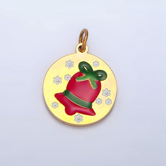 Enamel Jingle Bell Festive Christmas Holiday Round Stainless Steel Charm | P-1303