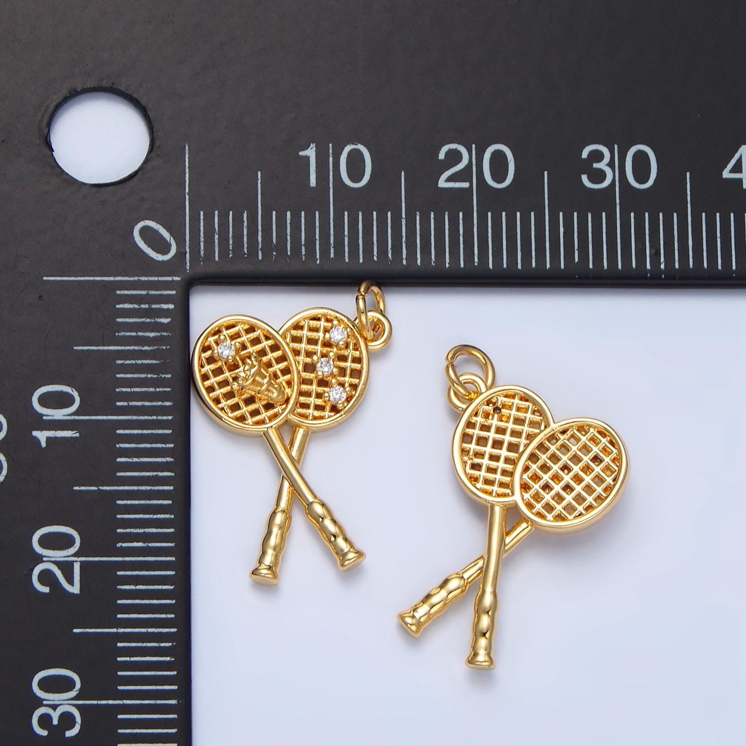 CZ Double Badminton Sports Racket Shuttlecock 24k Gold Filled Charm | X-892
