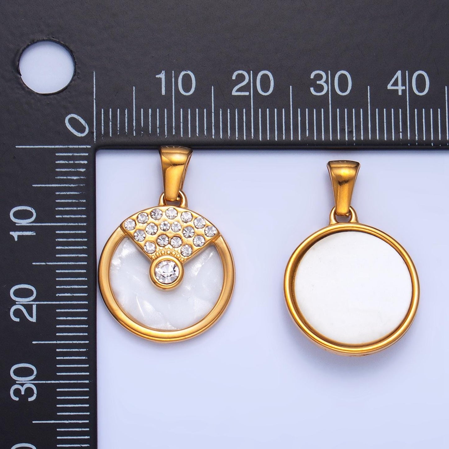 Dainty Gold 17mm Shell Pearl Round Minimalist Charm with Cz Crystal Pendant | P1542