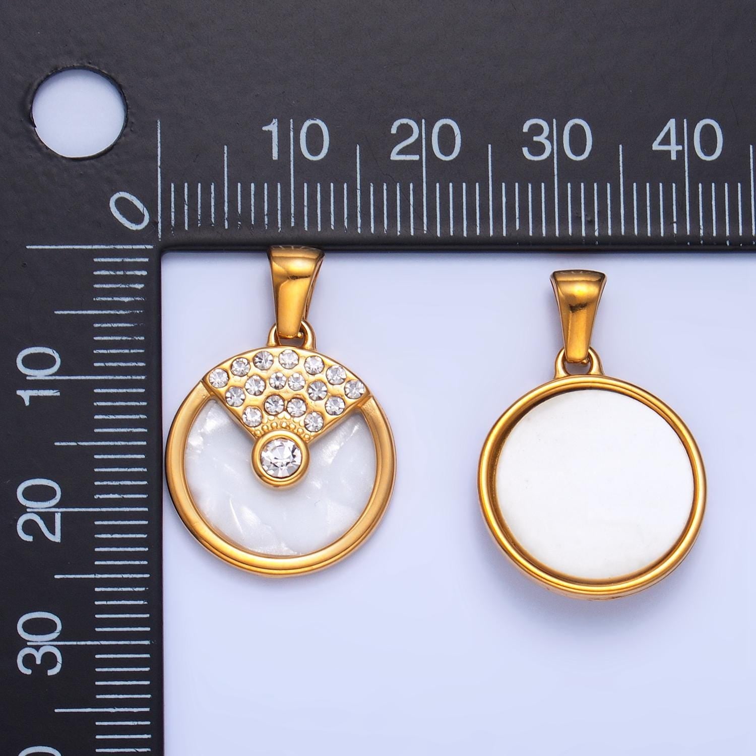 Dainty Gold 17mm Shell Pearl Round Minimalist Charm with Cz Crystal Pendant | P1542