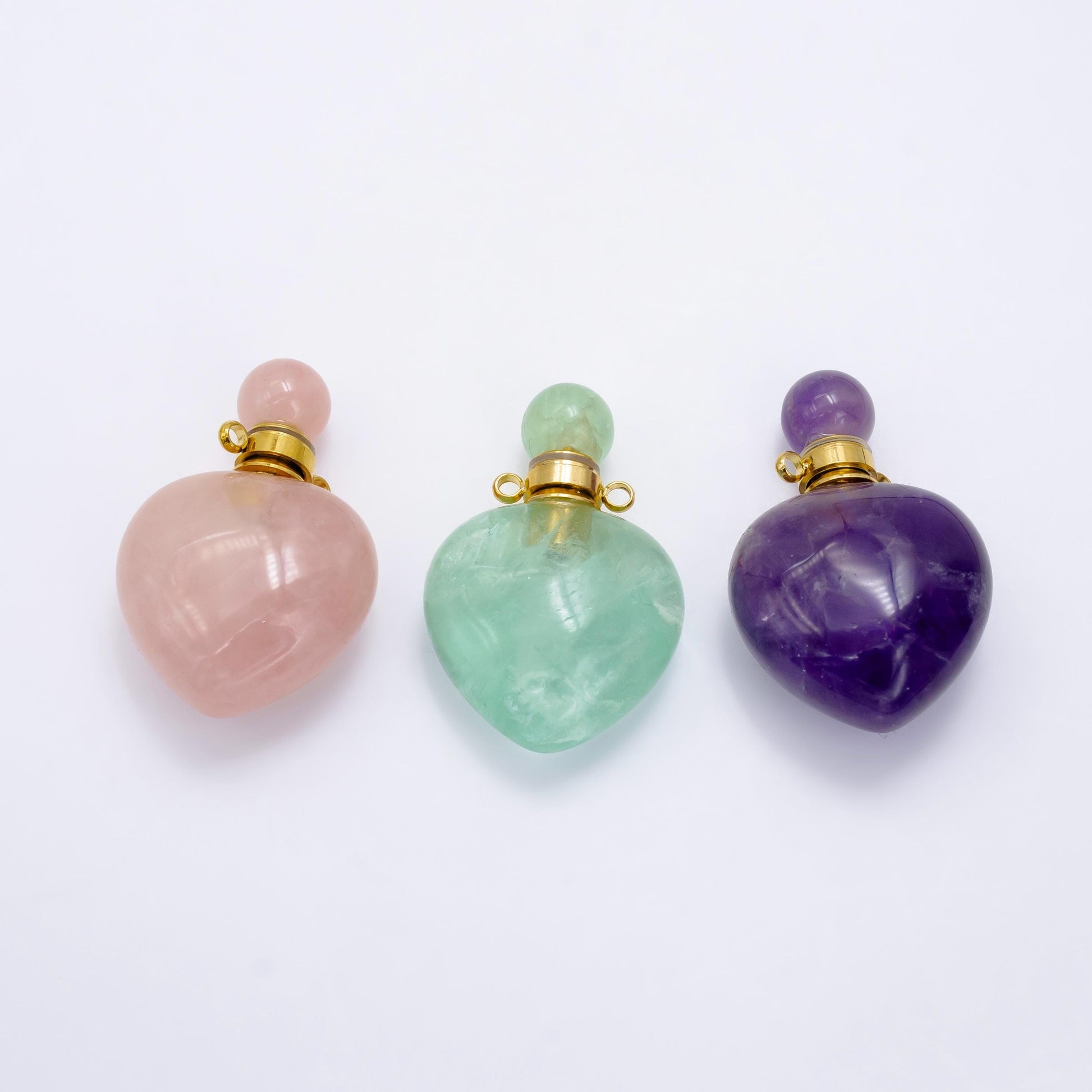 Gold Heart Rose Quartz Amethyst Aventurine Bottle Pendant Necklace, Natural Gemstone Crystal Quartz Perfume Potion Bottle Pendant Necklace