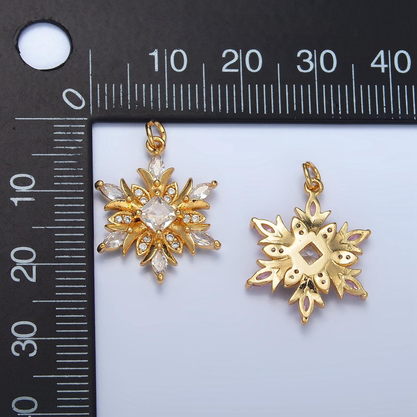 Micro Paved Clear, Pink CZ Floral Flower 24K Gold Filled Charm | W-081