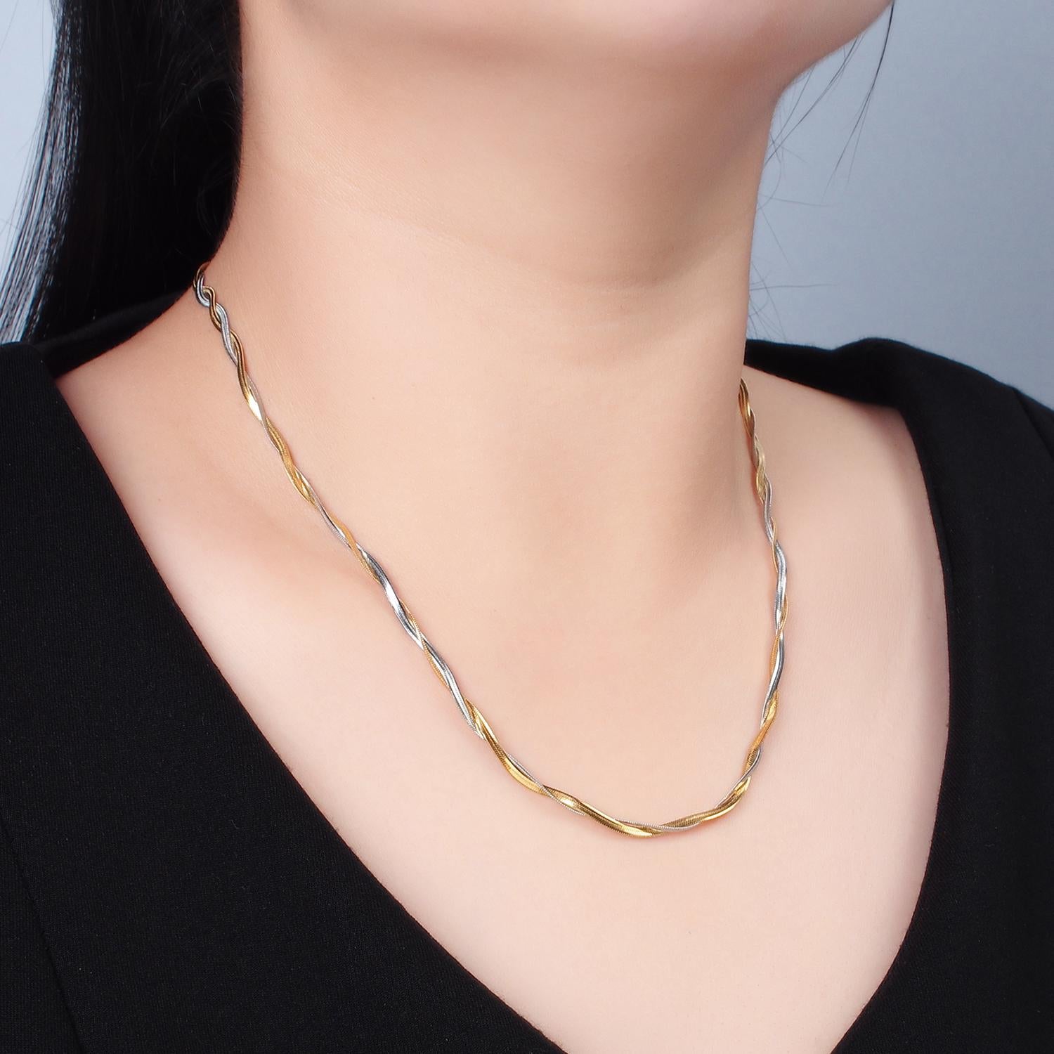 18 Inch Braided Herringbone Chain Mix Metal Chain Stainless Steel Necklace in Mixed Metal & Silver | WA-2614 WA-2615