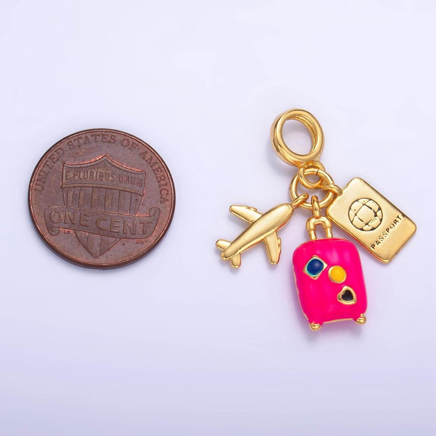 Plane, Suitcase, Passport Travel 24k Gold Filled Rondelle Drop Charm | AG-826