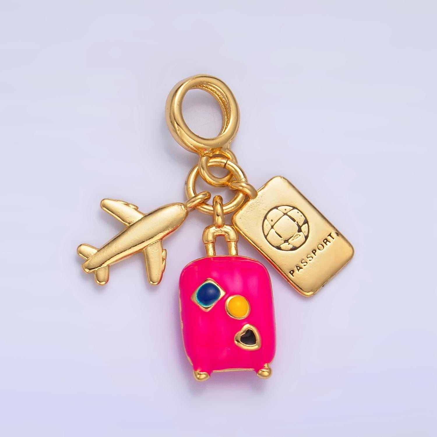 Plane, Suitcase, Passport Travel 24k Gold Filled Rondelle Drop Charm | AG-826