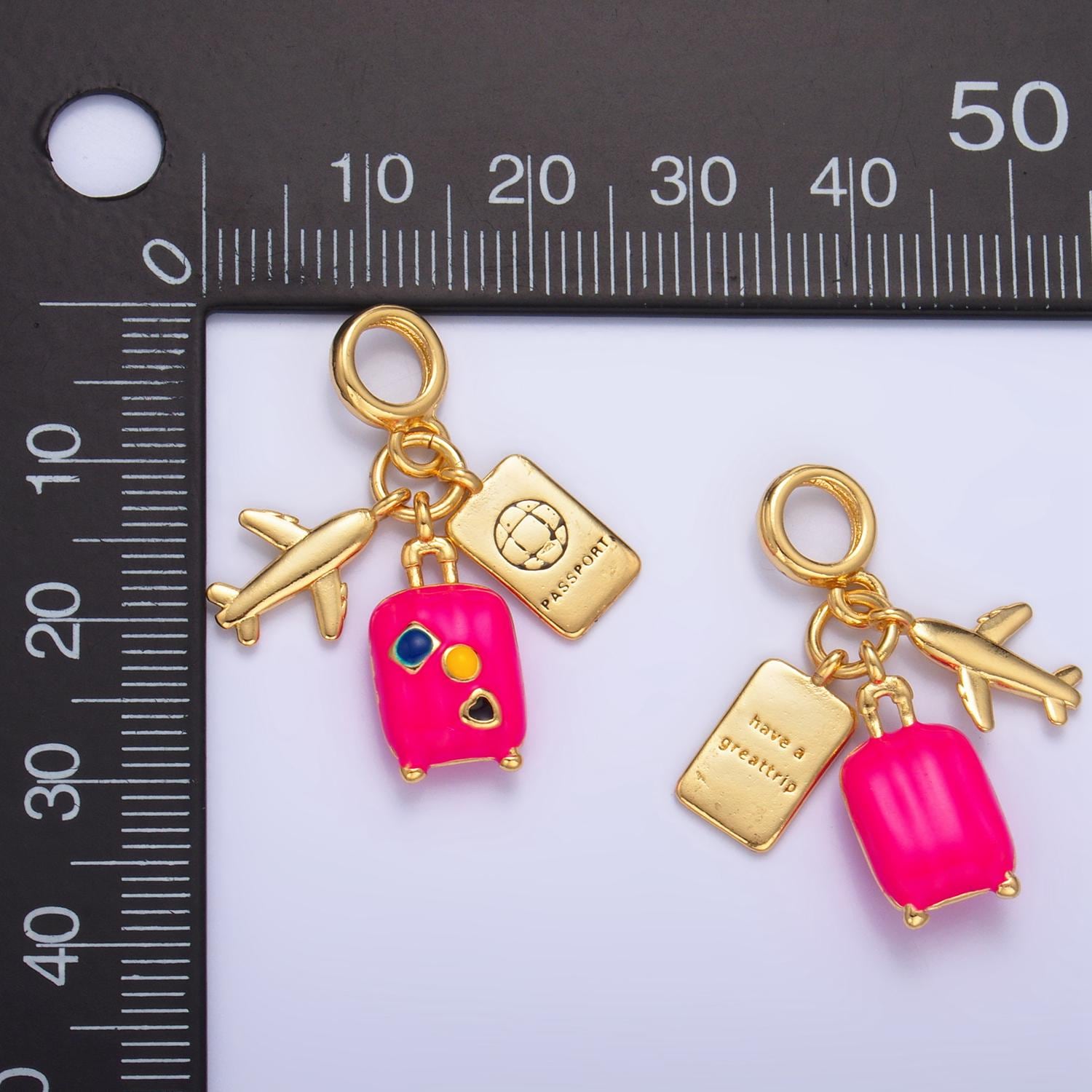 Plane, Suitcase, Passport Travel 24k Gold Filled Rondelle Drop Charm | AG-826