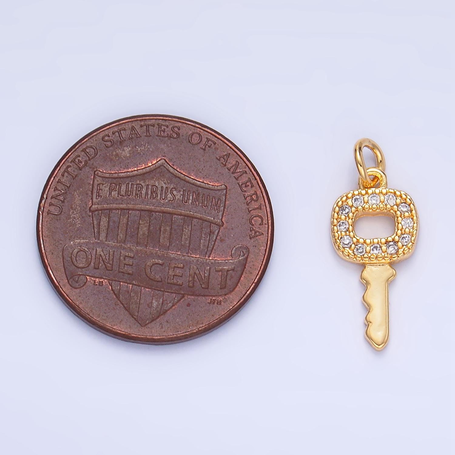 CZ Micro Paved Mini Square Shaped Key Lock 24K Gold Filled Charm in Gold & Silver | W-106