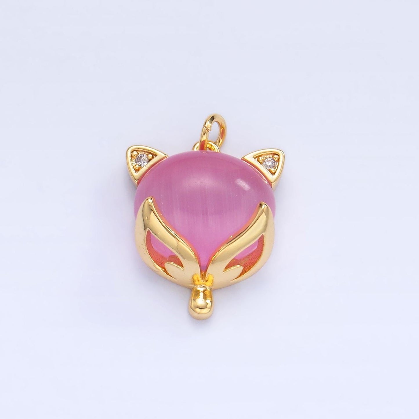 CZ Micro Paved Red, Pink Cats Eye Gemstone 24K Gold Filled Cat Animal Charm | W-108